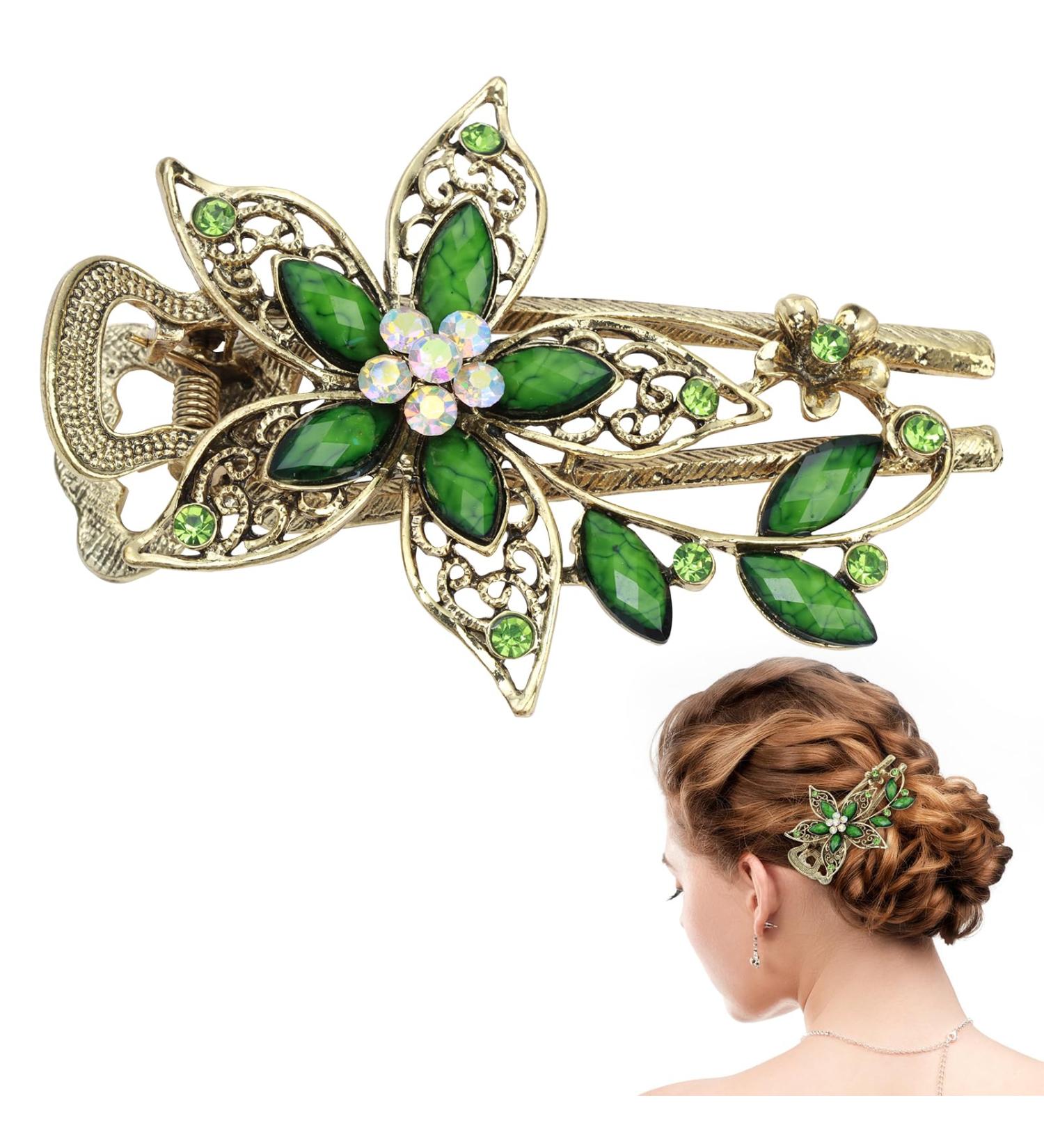 Vintage Jewelry Crystal Hair Clips Floral Hairpins Rhinestone French Decorative Hair Barrettes Barrette Metal Retro Hair Clasps Luxury Jewelry Accessories Gift for Women Girls Teens (Green) - Buy Online on GoSupps.com