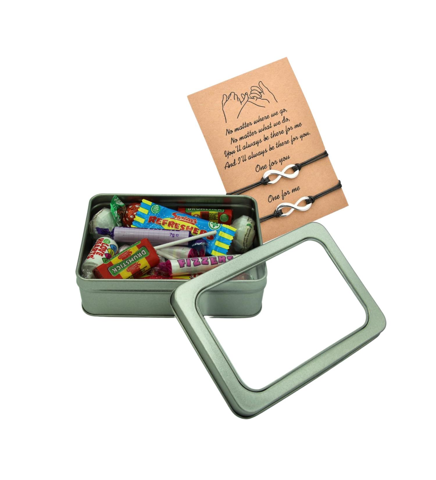 Swizzels Lollies Bundle with Love and Friendship Bracelets and TinTastic Silver Window Lid Tin - Mixed Flavours - Buy Online on GoSupps.com