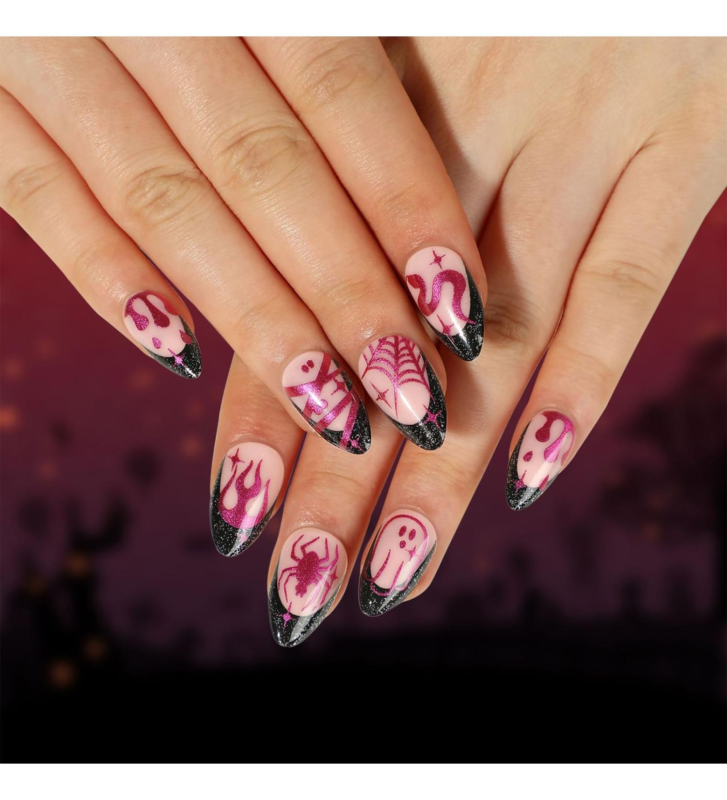 24Pcs Oval False Nails - Black Pink Spider Web Fire Snake Print Halloween Press on Nails - Buy Online on GoSupps.com