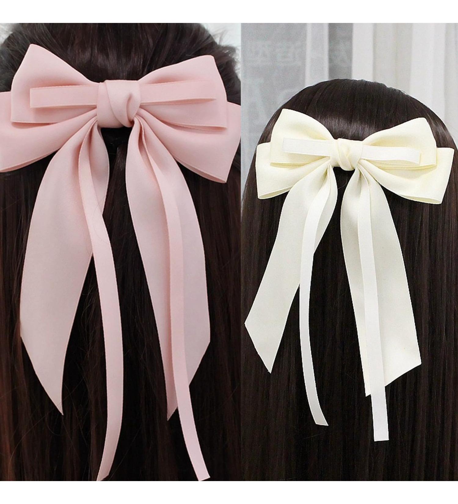 2-Piece Bow Hair Clips Ladies Hair Accessories Bow Hair Clips Satin Butterfly Double Hair Clips Girls Hair Accessories Ladies elegant Bow Hair Clips (Pink & Off-White)