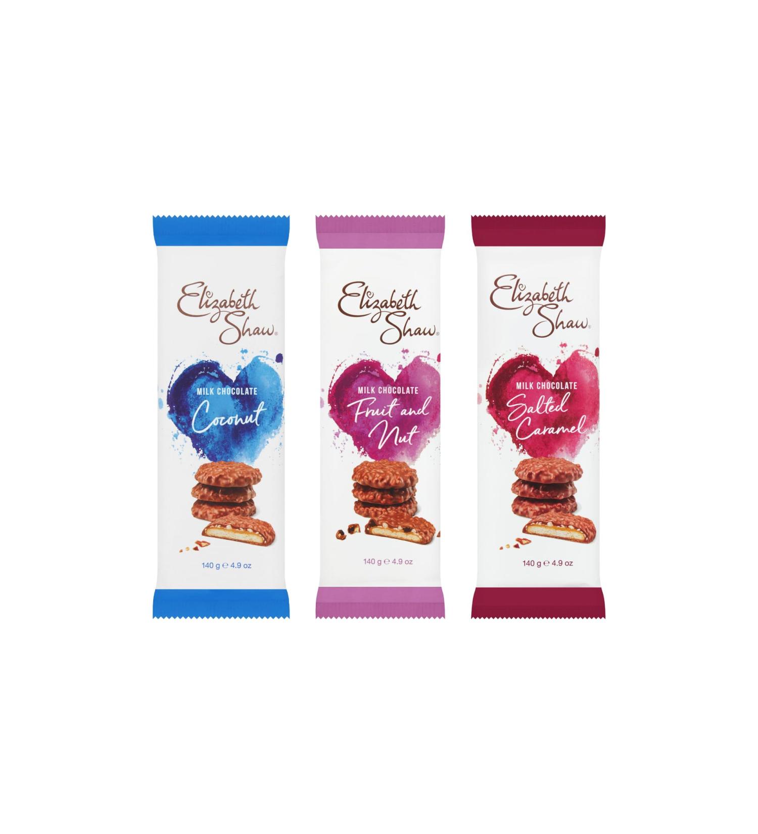 Elizabeth Shaw Milk Chocolate Biscuits - Coconut Fruit and Nut & Salted Caramel (3 x 140g) - Buy Online on GoSupps.com