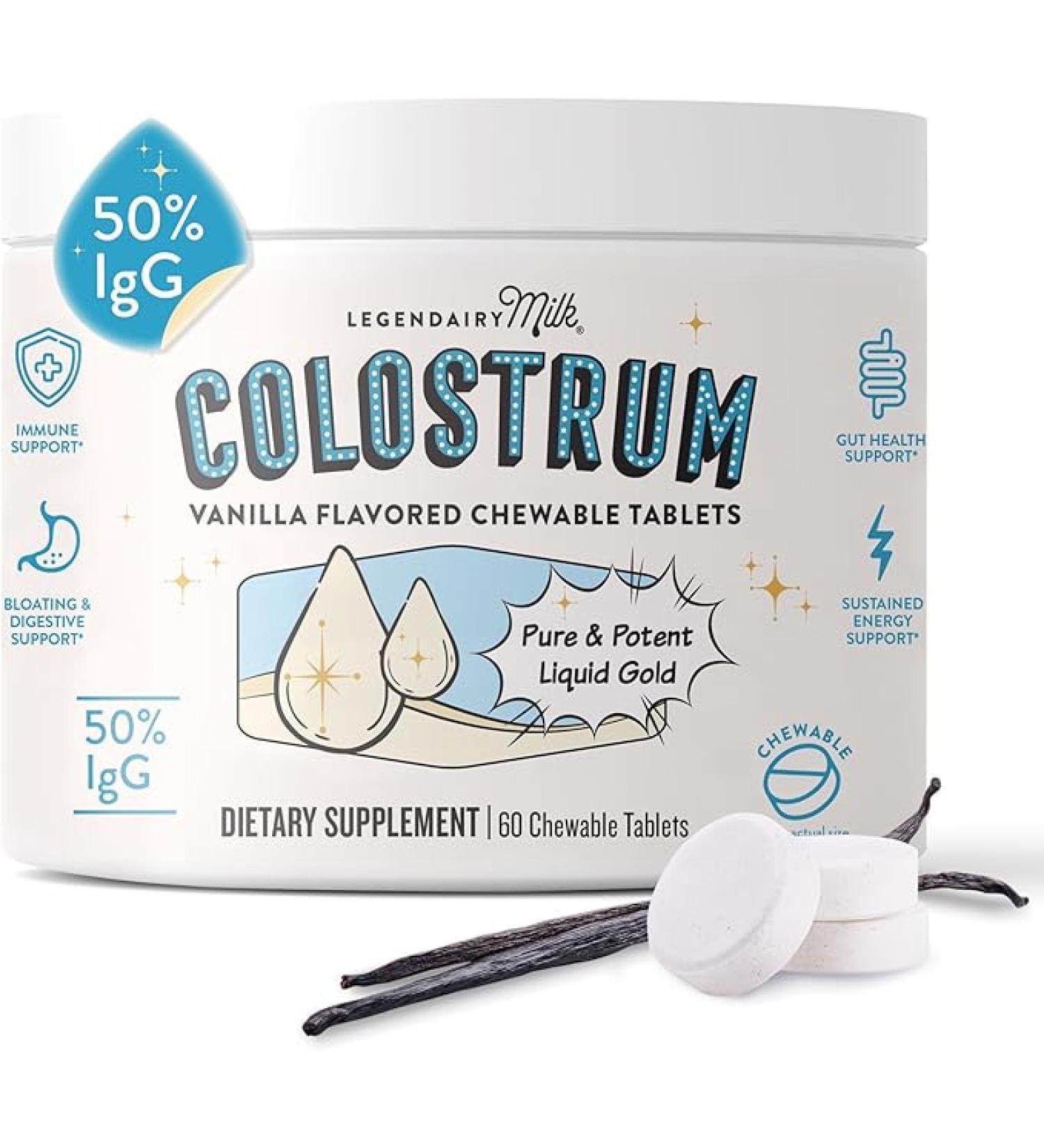 Legendairy Milk Bovine Colostrum Chewable Tablets - Daily Gut Health & Immune Support - Hair, Skin & Nails - 50% IgG Concentration - Colostrum Supplement for Women, Men, & Kids - 60ct, Vanilla Flavor - Buy Online on GoSupps.com