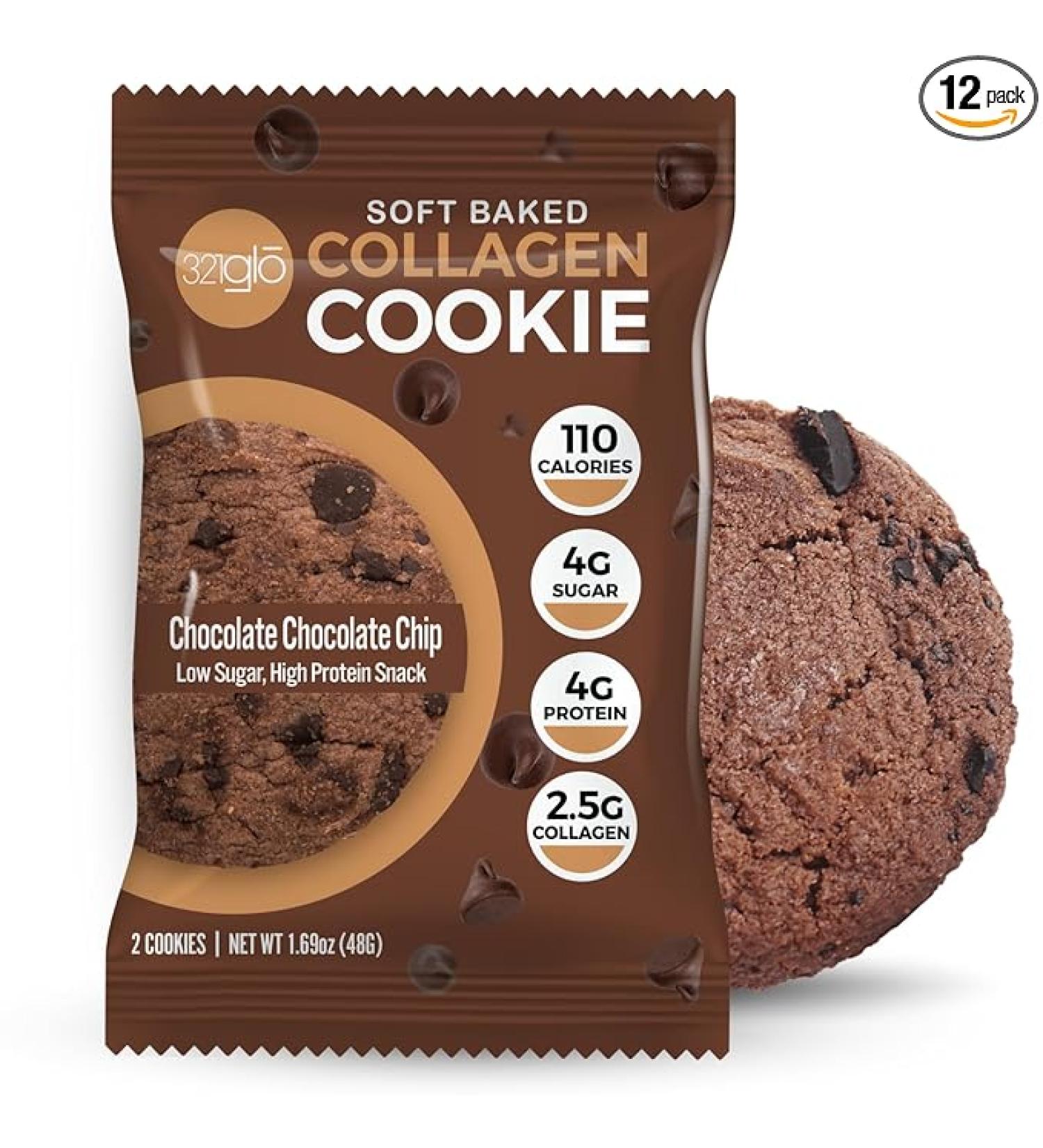321glo Collagen Cookies | Soft Baked  High Protein Cookies | Low Carb  Low Sugar |12 Pack (Chocolate Chocolate Chip) - Buy Online on GoSupps.com