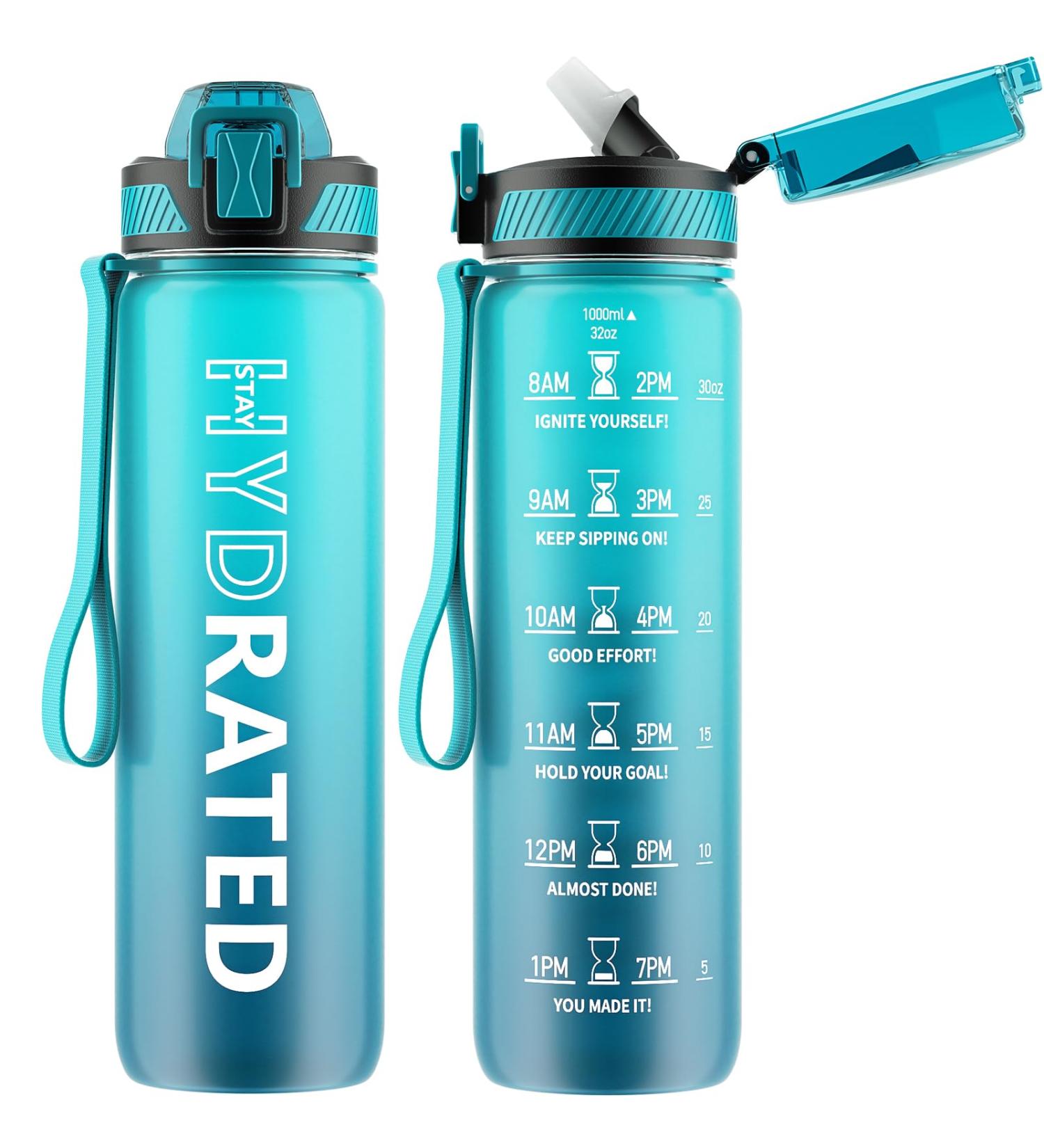 Qlur 1L BPA-Free Tritan Water Bottle with Straw | Time Marked Sports Bottle for Fitness School Yoga & Outdoor | 32oz Dark Blue - Buy Online on GoSupps.com