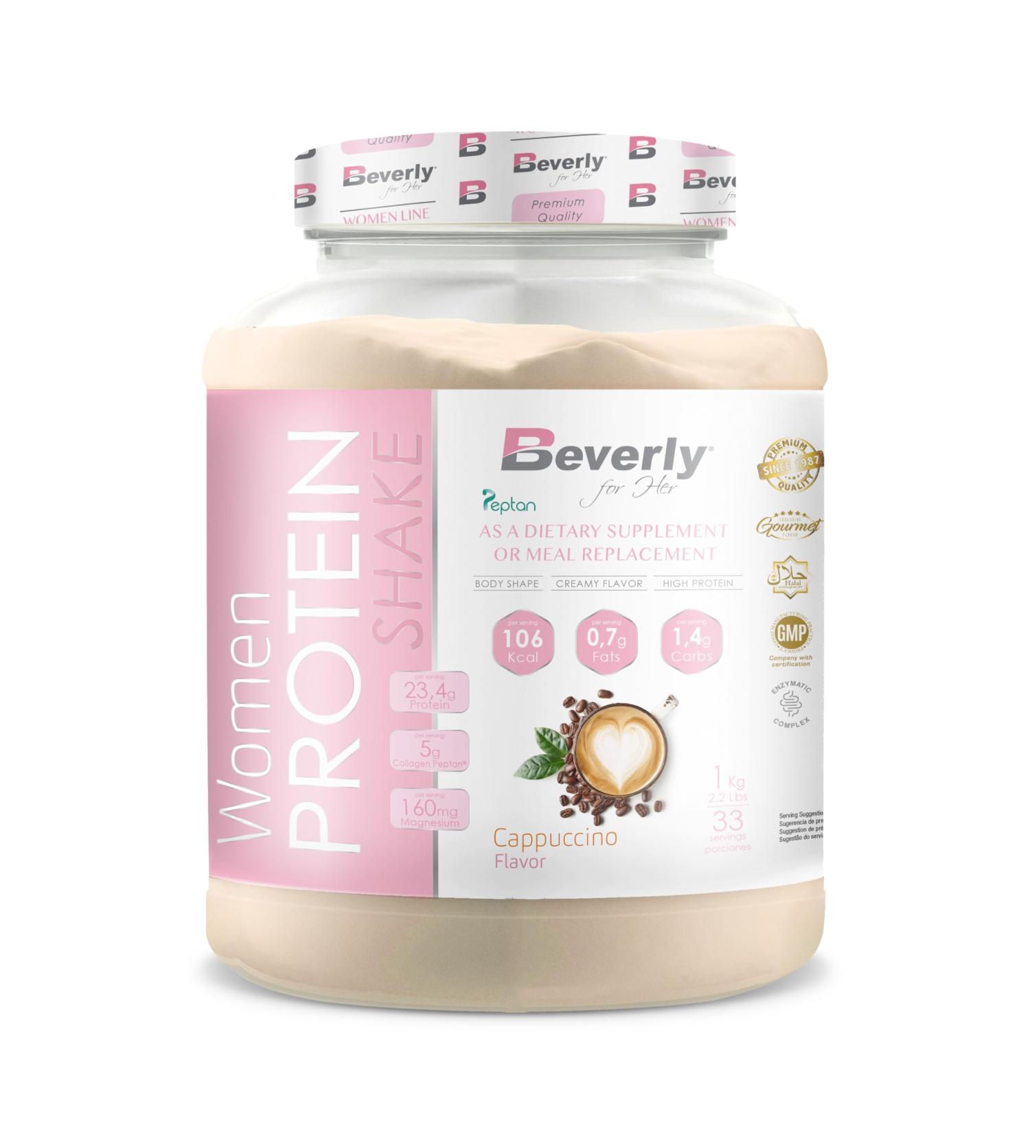  Beverly Beverly Women Protein - Special Whey Protein for Women with Marine Collagen Magnesium and Vitamin E - 1kg - 24g Protein Per Serving - 33 Servings - Flavor (1kg CAPUCCINO) - Buy Online on GoSupps.com