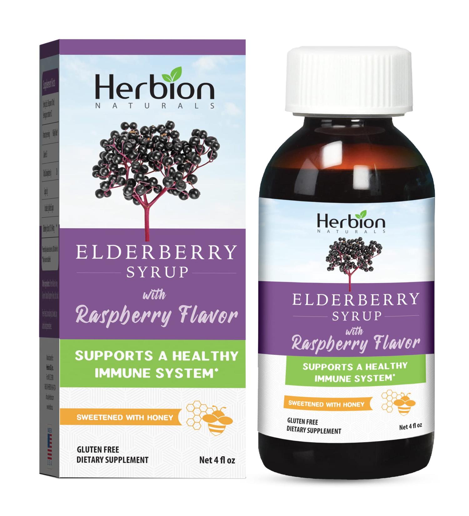 Herbion Naturals Elderberry Syrup - Immune Support for Adults & Kids Honey Sweetened Natural Raspberry Flavor - Shop Now! - Buy Online on GoSupps.com
