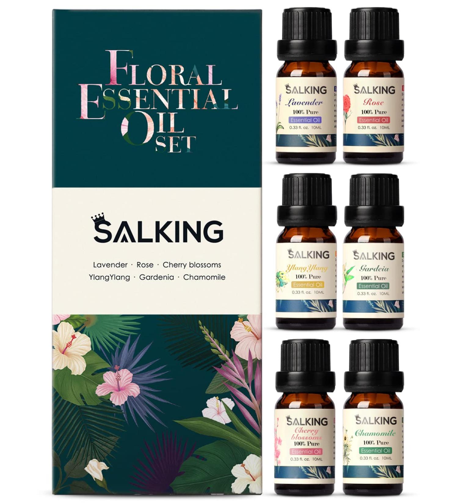 100% Organic Salking Essential Oils Set - Aromatherapy Gift Set for Diffusers & Massage | 6 x 10ml Fragrance Oils (Lavender Rose Cherry Blossom Ylang Ylang Gardenia Chamomile) - Buy Online on GoSupps.com