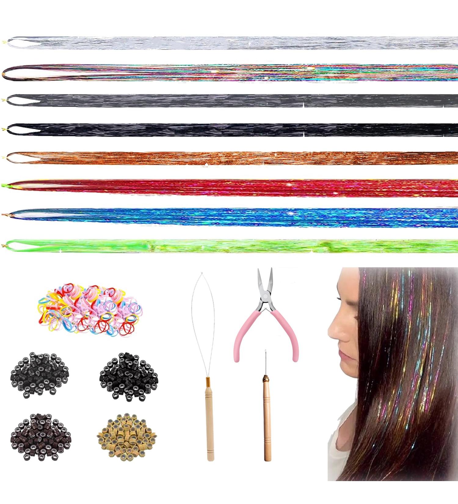 8 Colors Hair Tinsel Kit with Tools VEINARDYL 1.2m Fairy Hair Glitter Hair Tinsel Kit Color Hair Extensions Sparkling Braiding Hair for Girls Women Halloween Cosplay Party - 1600 Strands - Buy Online on GoSupps.com