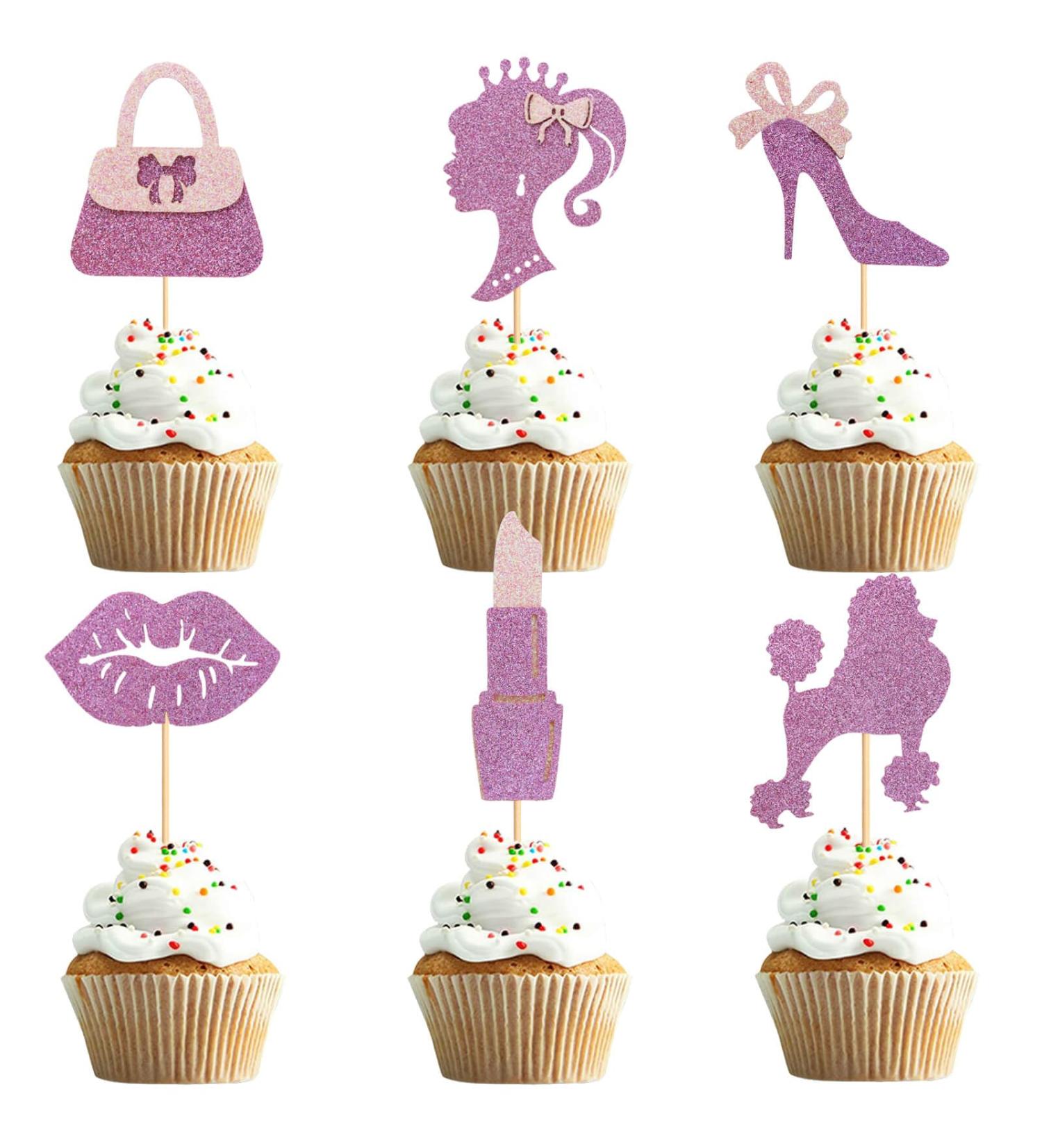 UXYOKM 24 Pcs Princess Cupcake Toppers Pink Glitter High Heel Lipstick Bow Tie Handbag Cupcake Picks Wedding Bridal Shower Girls Birthday Party Cake Decorations Supplies - Buy Online on GoSupps.com