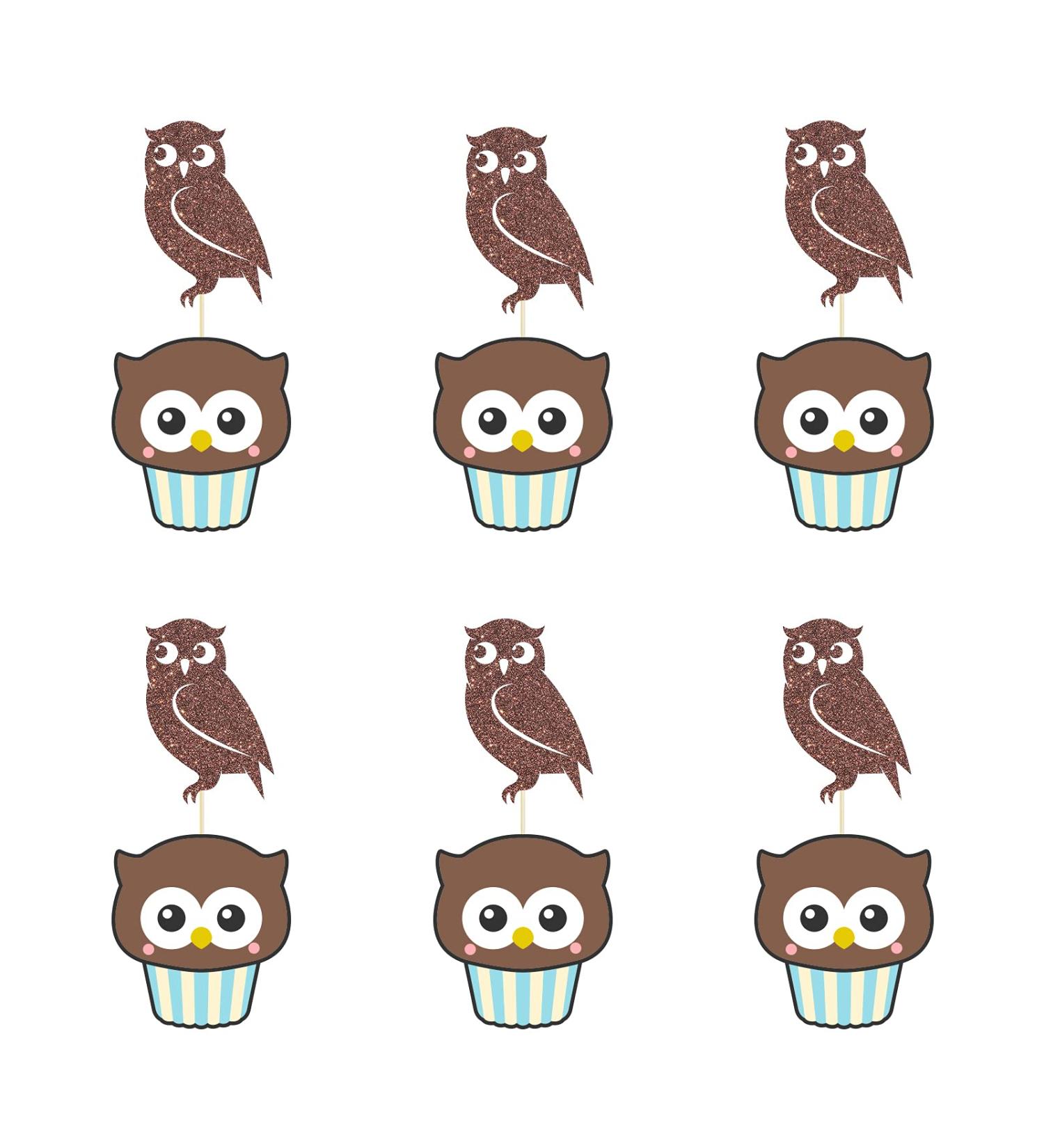 Set of 24 Glitter Owl Cupcake Toppers Animal Themed Baby Shower Dessert Decor Baby Birthday Party Decorations Supplies - Brown - Buy Online on GoSupps.com