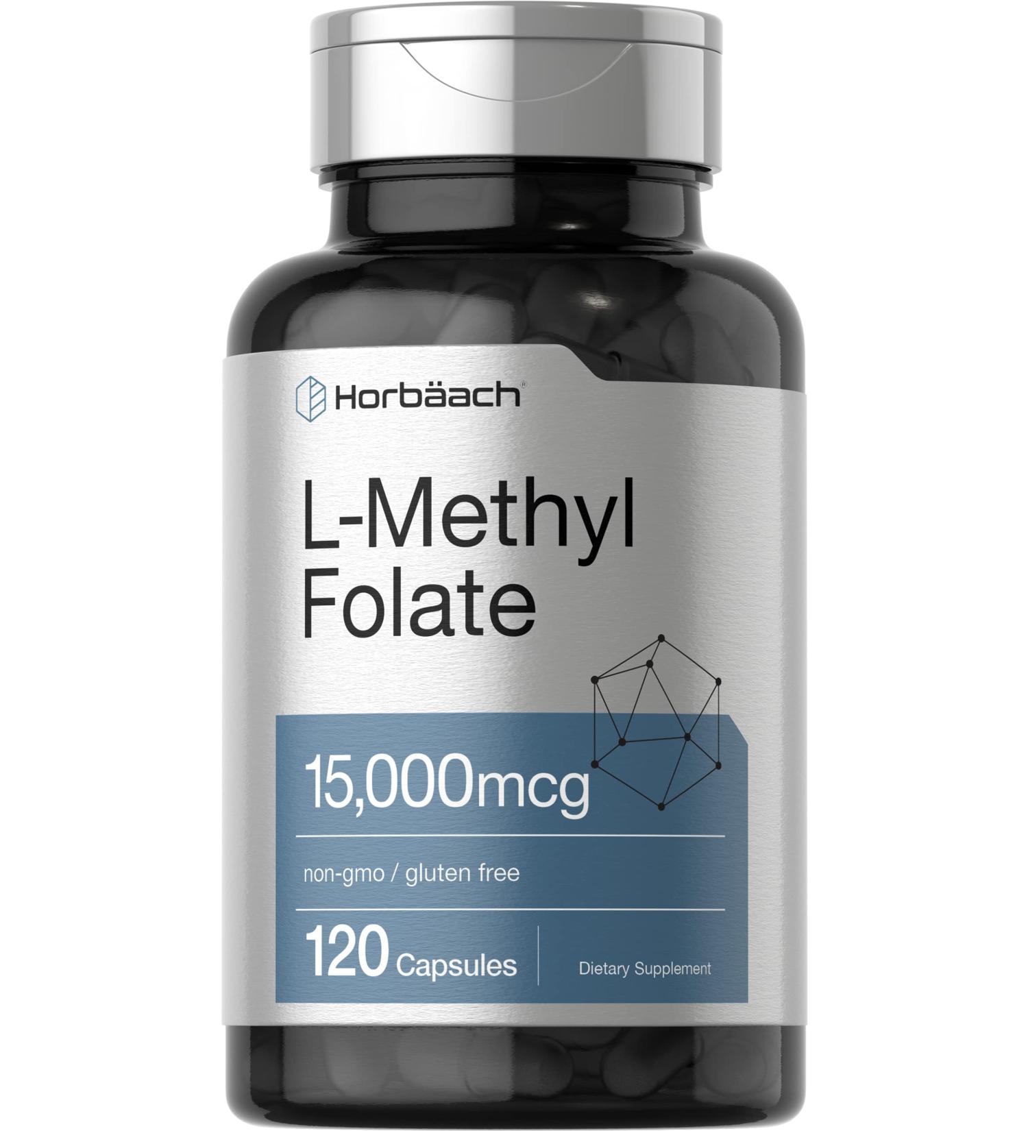 L Methylfolate 15000 mcg | 120 Capsules | 15mg Methyl Folate Supplement | Non-GMO & Gluten-Free | Horbaach - Buy Online on GoSupps.com