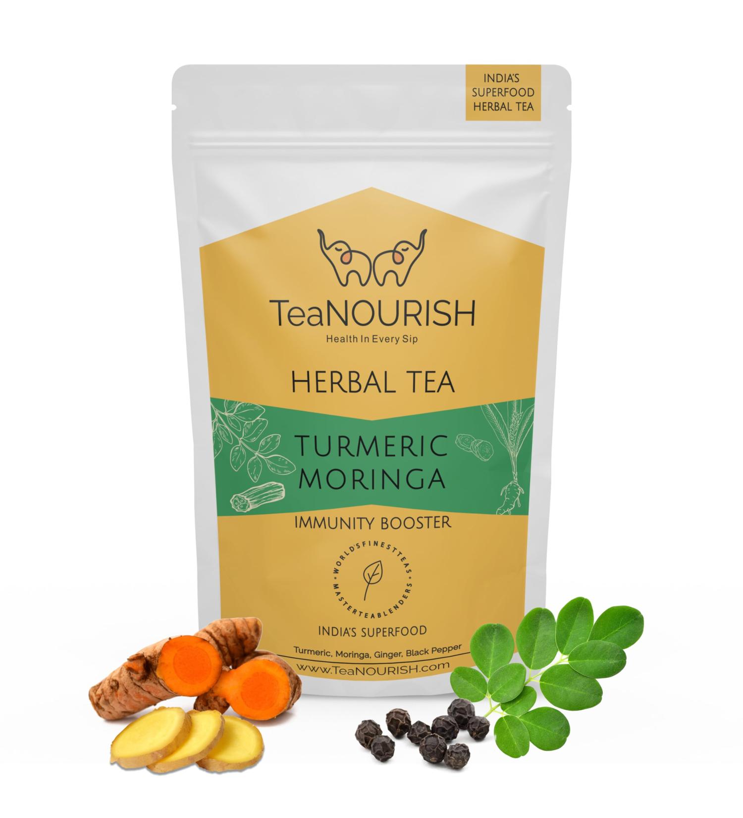 TeaNOURISH Turmeric Moringa Herbal Tea | Blend of Indian Superfoods Turmeric Moringa Ginger & Black Pepper | Supports Immunity | 100% NATURAL INGREDIENTS - 3.53oz/100g Turmeric Moringa 3.53 Ounce (Pack of 1) - Buy Online on GoSupps.com