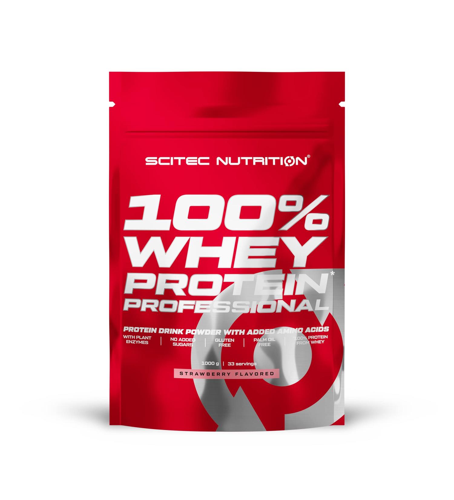 Scitec Nutrition 100% Whey Protein Professional - Gluten-Free Palm Oil-Free with Amino Acids & Digestive Enzymes - Strawberry Flavor - 1 kg - Buy Online on GoSupps.com