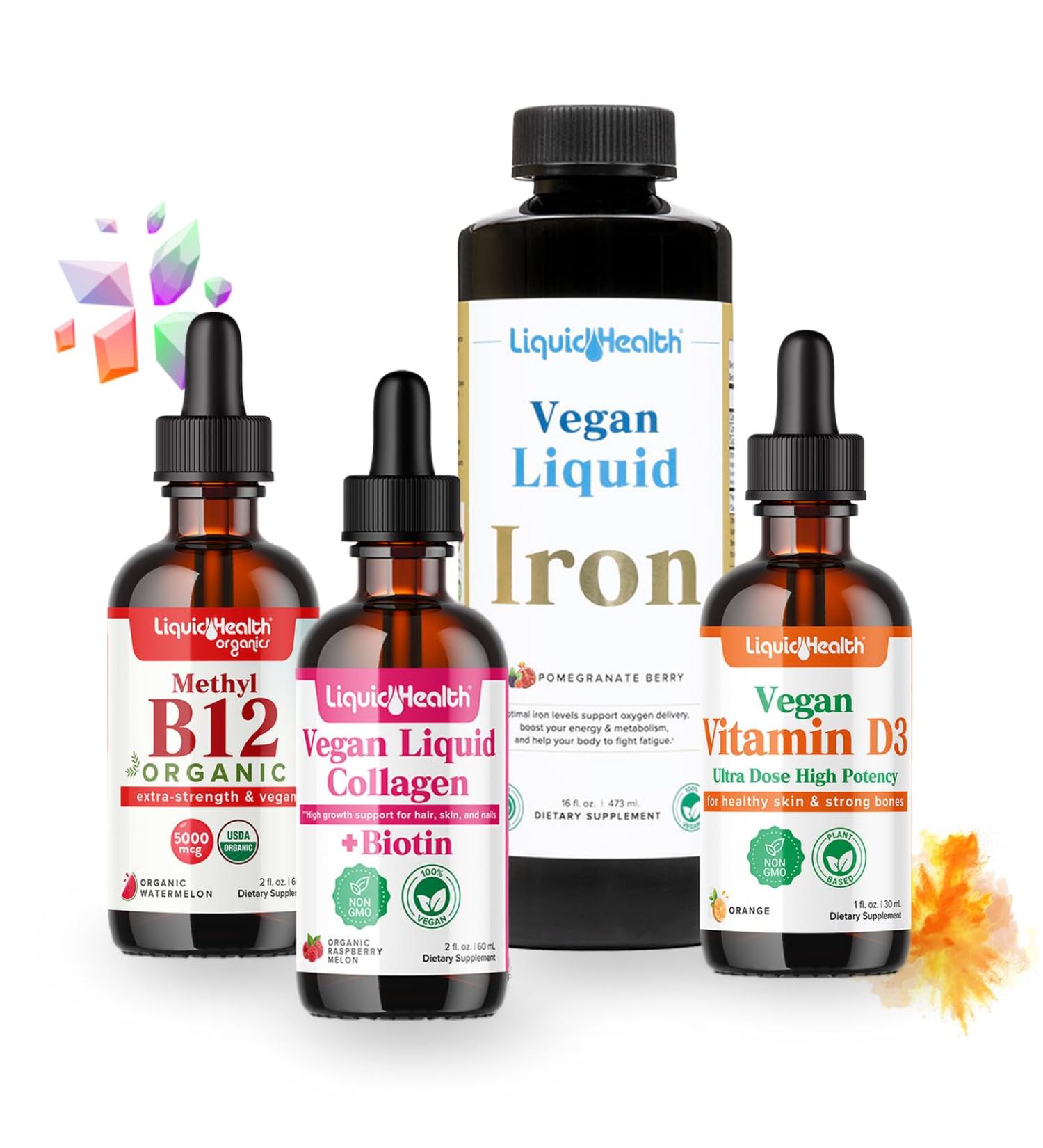 LIQUIDHEALTH Vegan Daily Essentials Vitamin Starter Kit with Organic Methyl B12 Drops, Vegan Liquid Collagen + Biotin, Liquid Iron, Vitamin D3 Drops - 100% Plant-Based Vitamin Supplements, Made in USA - Buy Online on GoSupps.com