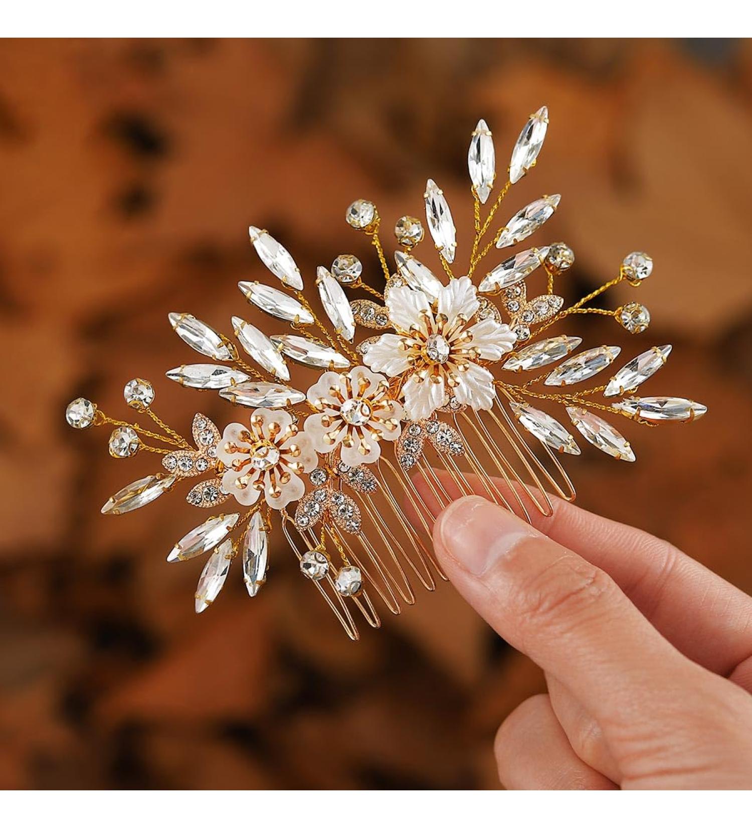Handcess Bridal Wedding Flowers Hair Comb Gold Crystal Hairpiece Rhinestone Bridal Side Combs Wedding Hair Accessories for Women and Girls - Buy Online on GoSupps.com