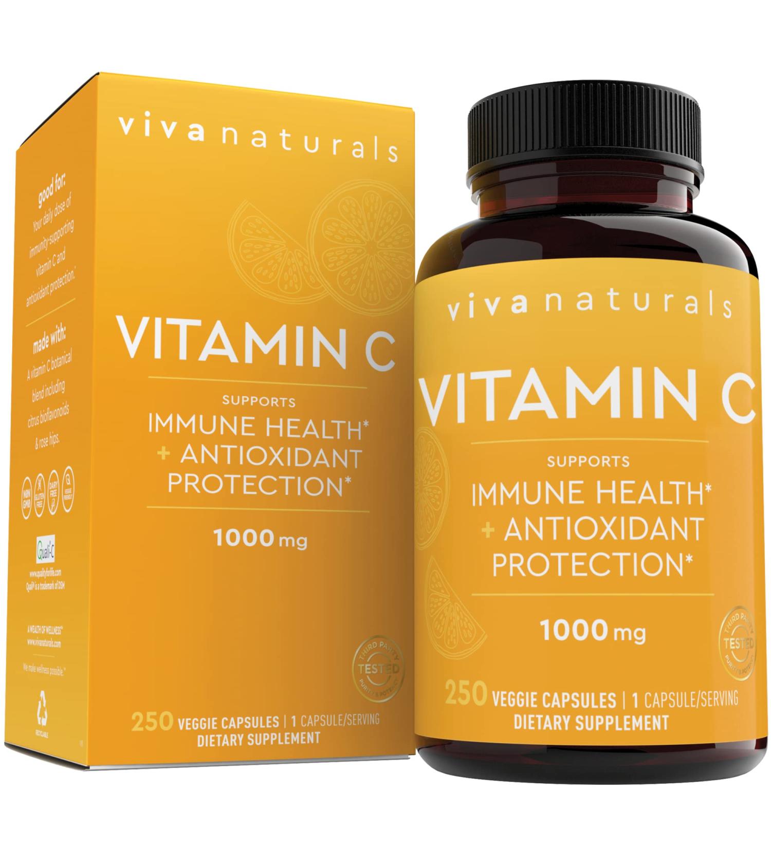 Viva Naturals Vitamin C 1000mg â€“ Non-GMO Immune Support with Bioflavonoids & Rose Hips | 250 Veggie Capsules - Buy Online on GoSupps.com