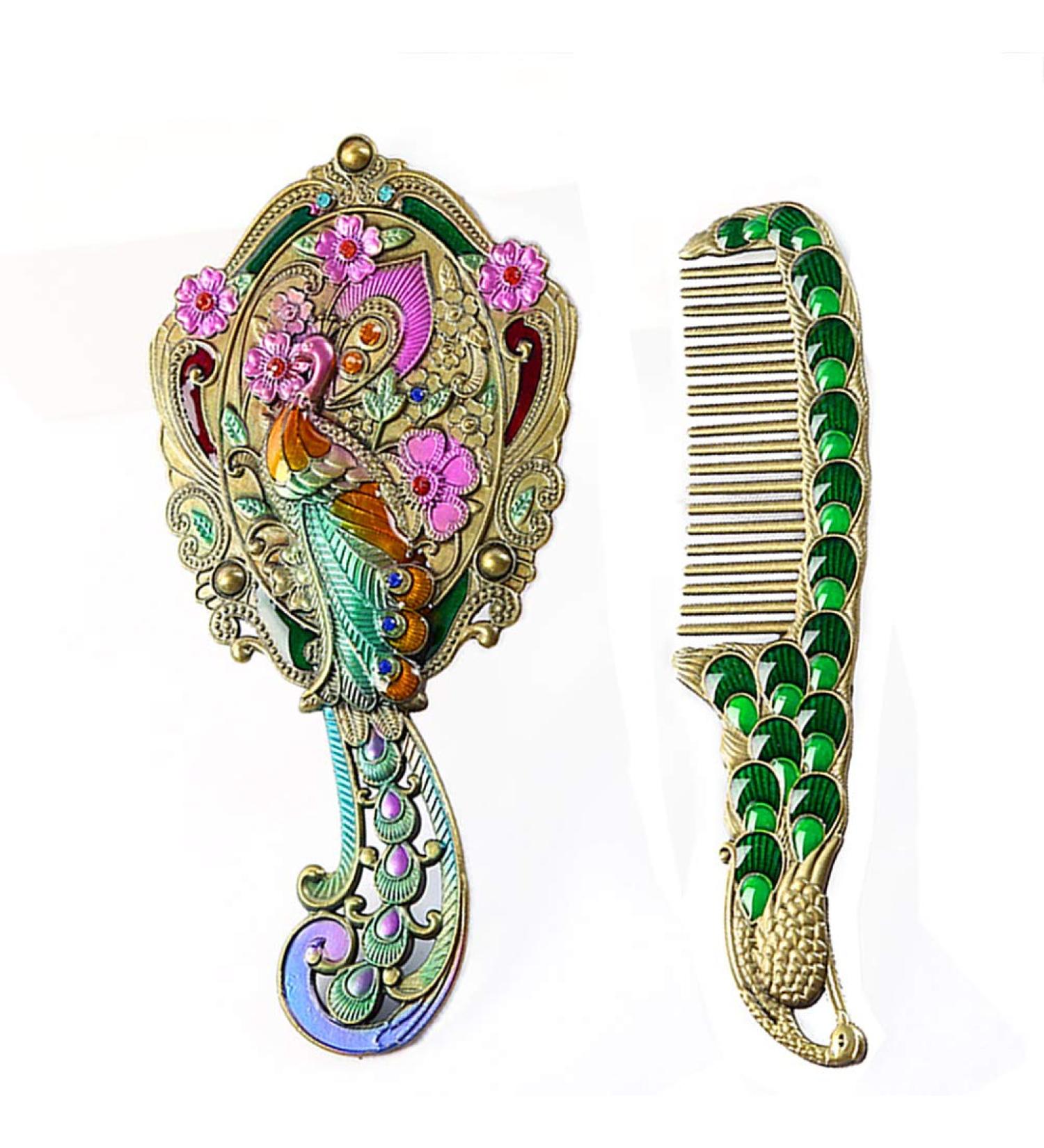 MULHUE Vintage Peacock Flower Hand Held Mirror Set - Bronze Metal Vanity Mirror with Comb | Decorative Hand Mirror Design - Buy Online on GoSupps.com