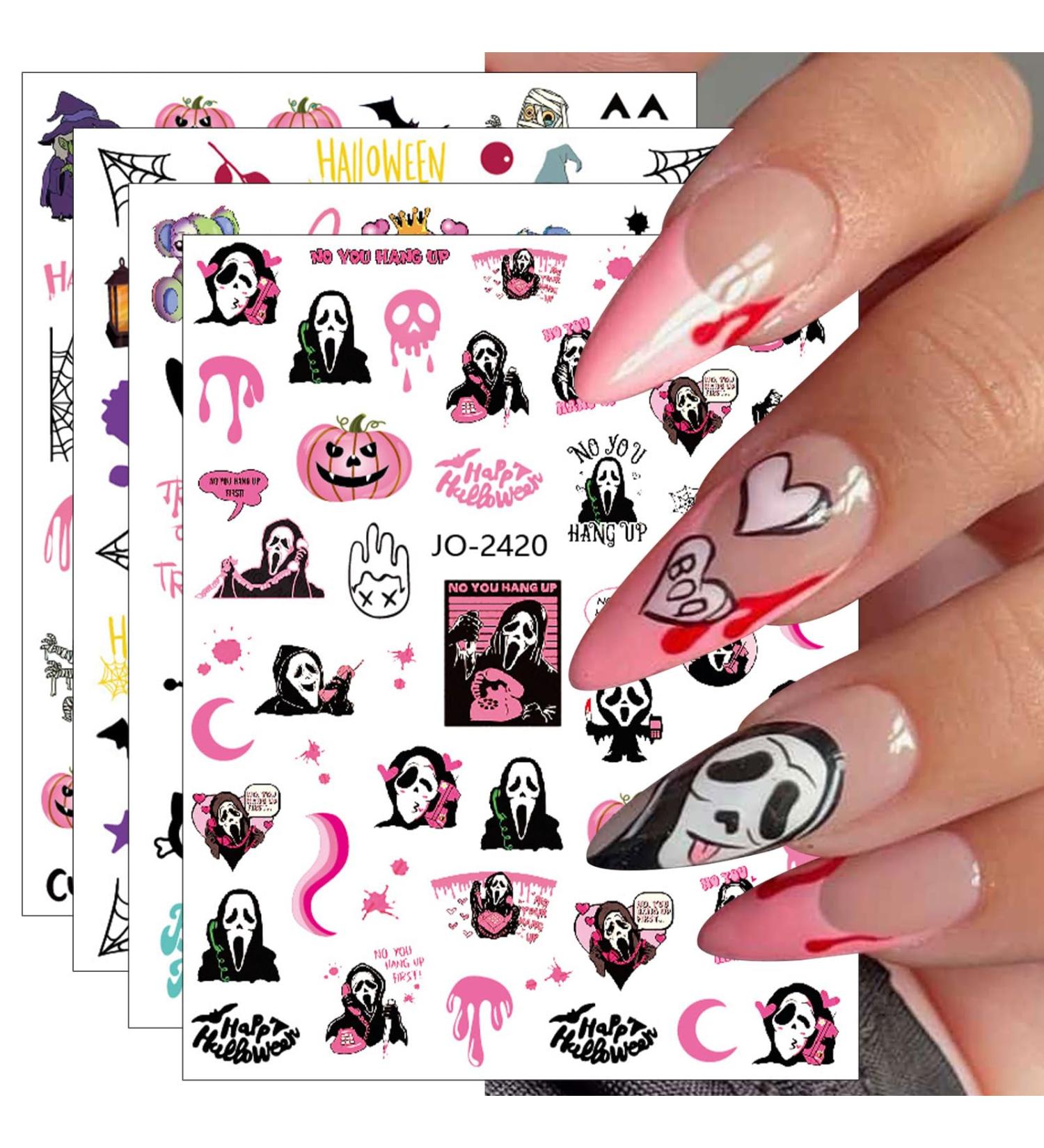 JMEOWIO 9 Sheets Halloween Nail Art Stickers Decals Self-Adhesive Skull Horror Ghost Pink Pumpkin Spook Nail Supplies Nail Art Design Decoration Accessories - Buy Online on GoSupps.com