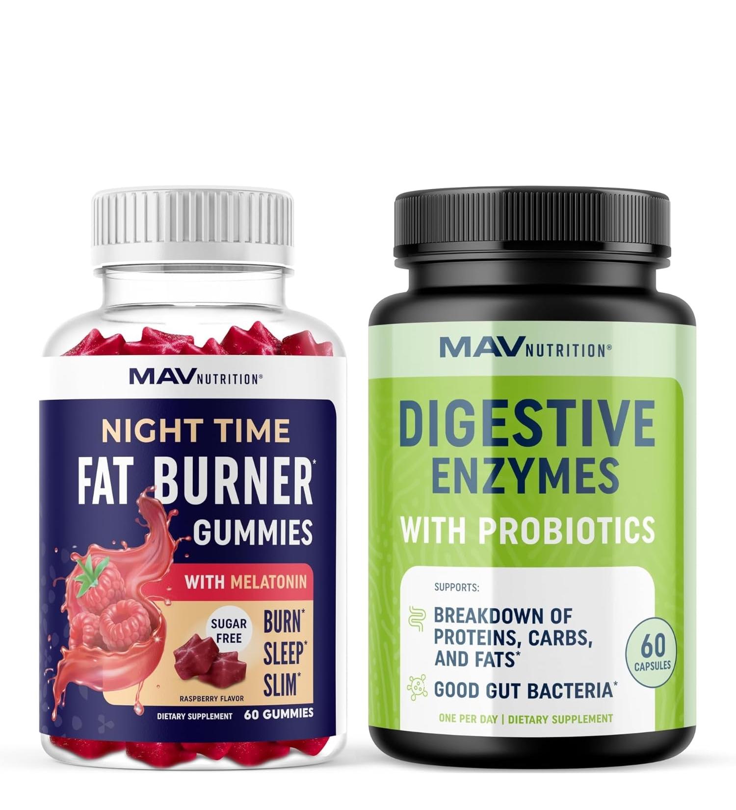 MAV NUTRITION Night Time Fat Burner Gummies and Digestive Enzymes Capsules | Night Time Fat Burning Gummies with Zero Sugar Plus Digestive Enzymes 400MG with Probiotics for Digestive Health - Buy Online on GoSupps.com
