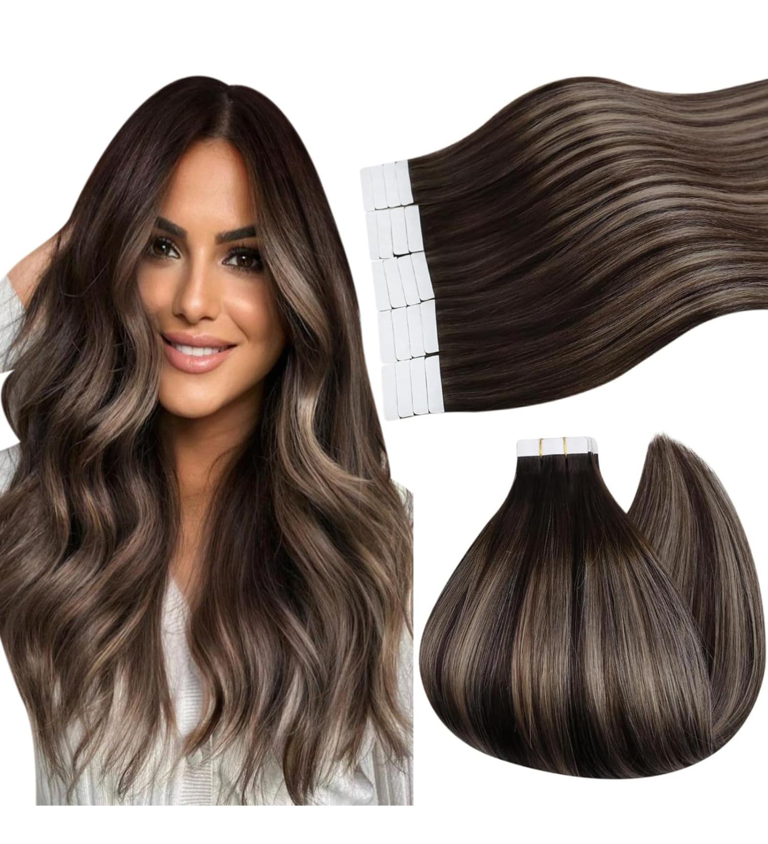 Ugeat Tape Extensions - Real Hair Balayage Ash Blonde & Dark Brown Remy Extensions | 20 Pieces 40 cm 50g #4/18/4 - Buy Online on GoSupps.com