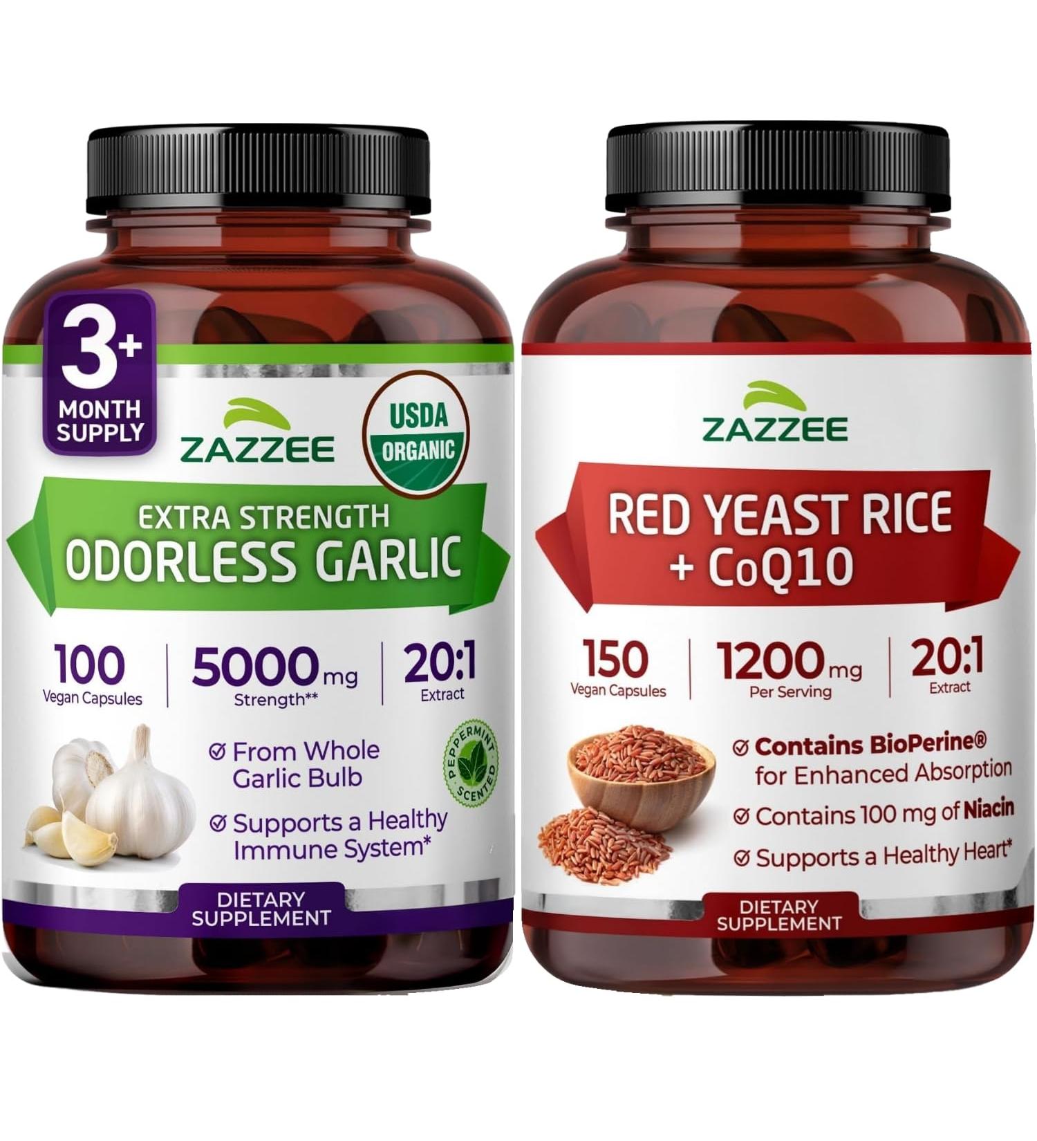 Zazzee Herbal Cardio Support Bundle | Red Yeast Rice with CoQ10 Plus USDA Organic Garlic 20:1 Extract Capsules | Non-GMO Vegan & ISO Lab Tested - Buy Online on GoSupps.com