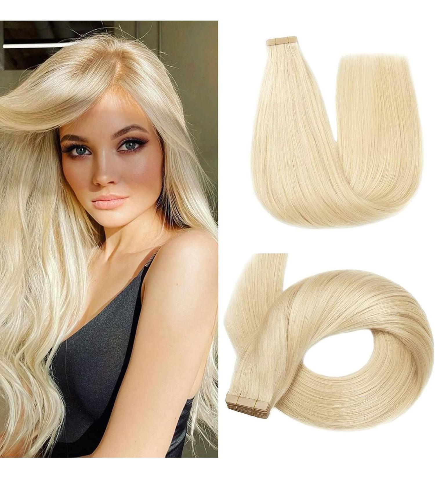 Hotlulana Platinum Blonde Tape Extensions - 24 Inch Real Hair (#60) - 50g Invisible 100% Natural 20PCS Skin Weft - Buy Online on GoSupps.com