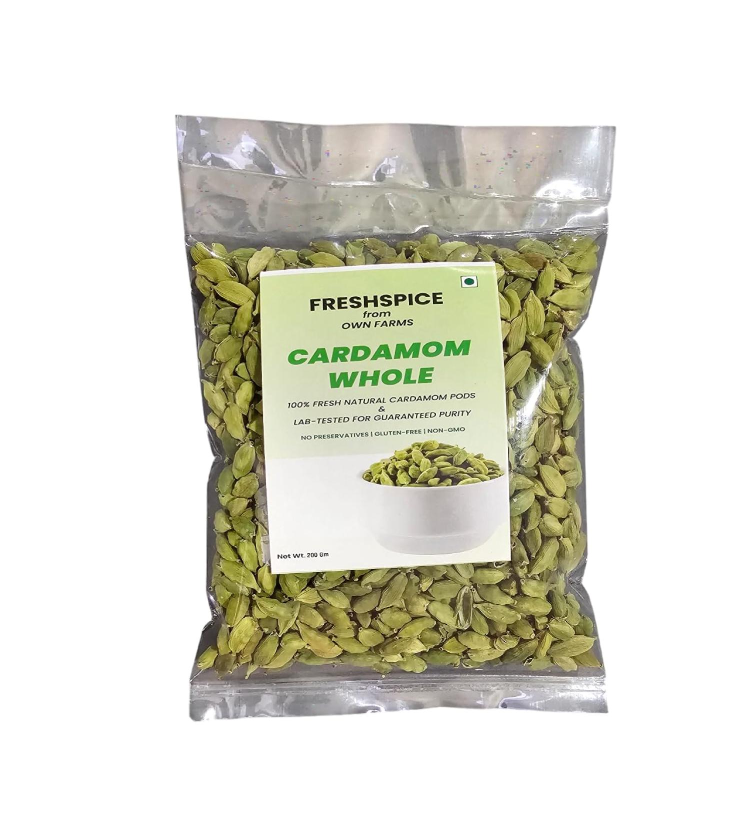 FreshSpice Green Cardamom Pods (200g) | Harvested directly from the farms of Kerala and lab tested for purity - Buy Online on GoSupps.com