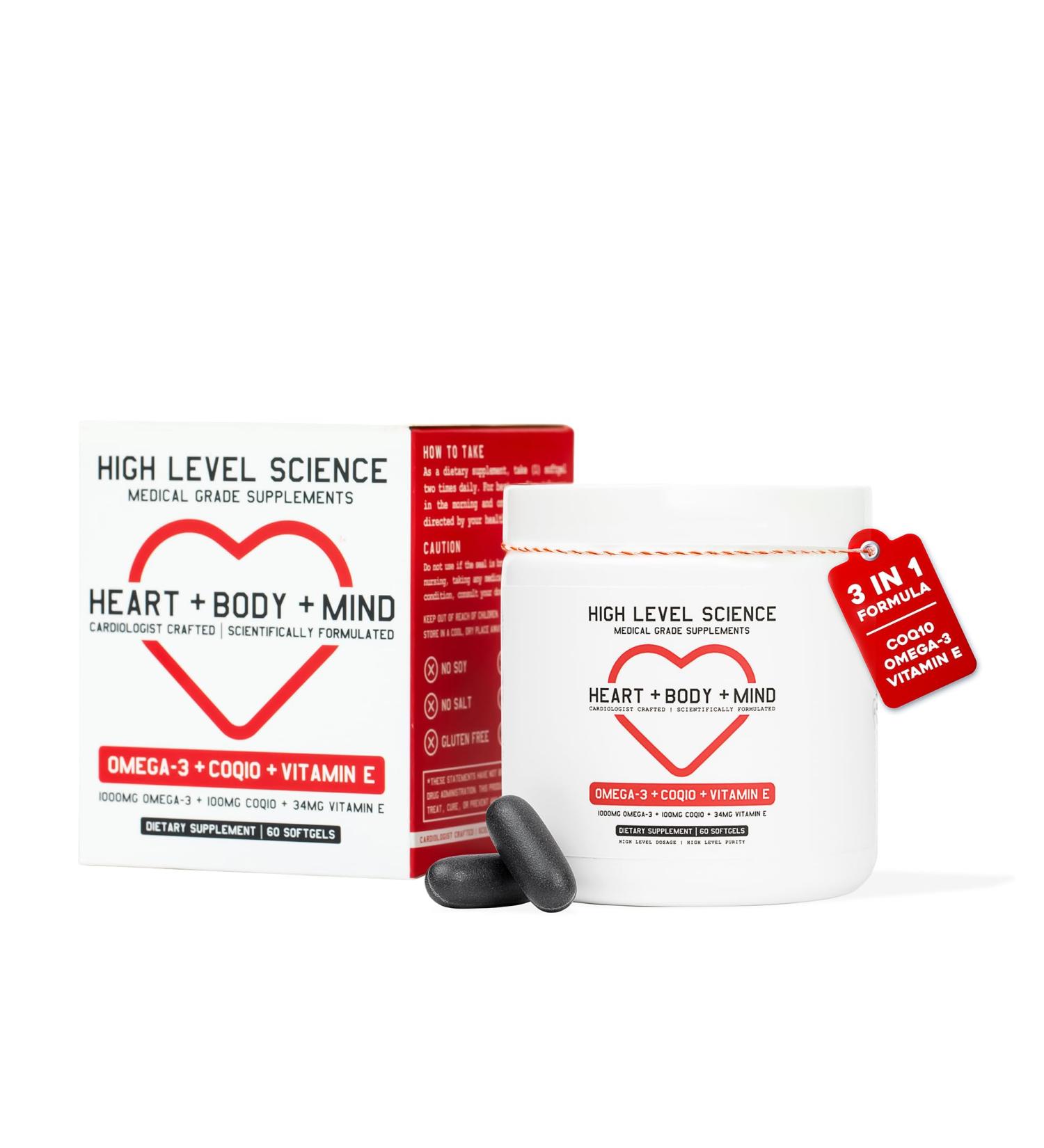 High Level Science CoQ10, Omega-3, Vitamin E - Cardiologist Formulated for Heart + Body + Mind Health with DHA/EPA, Antioxidant for Energy, Superior Bioavailable Fish Oil - Gluten Free - Buy Online on GoSupps.com