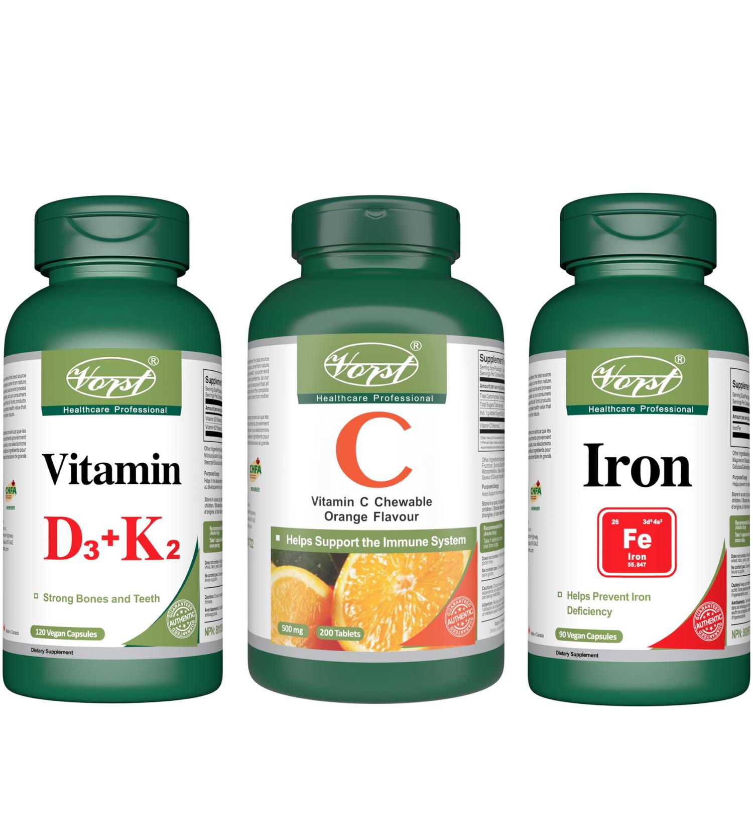 VORST Vitamin D3 + Vitamin K2 120 Vegan Capsules and Vitamin C 200 Chewable Tablets and Iron 45mg 90 Vegan Capsules | Bone Health Combo | (Combo Bundle 3 Bottles) - Buy Online on GoSupps.com