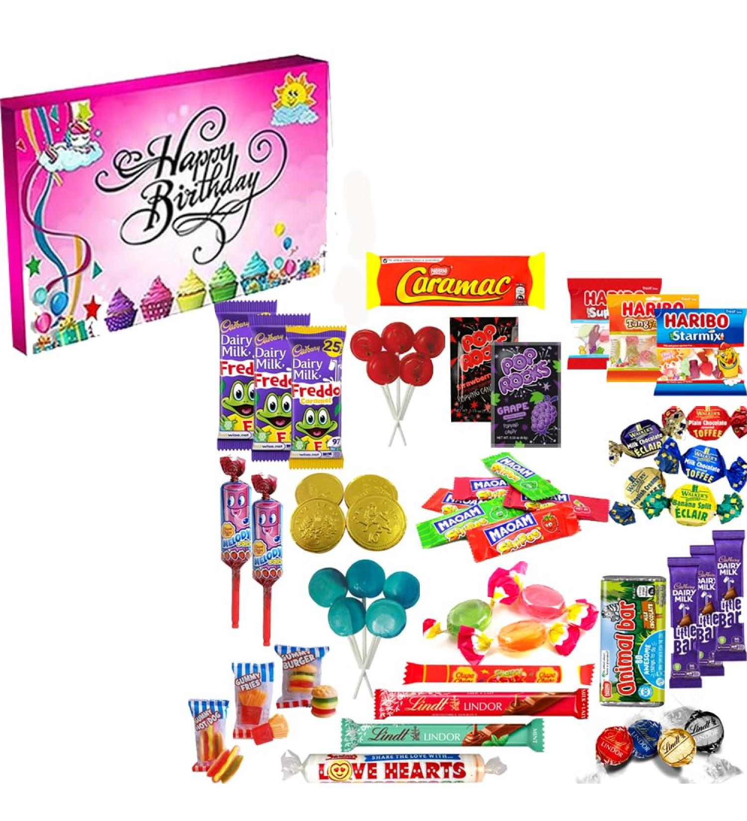 Retro Sweets & Chocolate Mixed Hamper Gift Box | Sweet treats & Chocolates | Boy Girl Birthday Box |Perfect for kids parties Birthday| Happy Birthday Pink Colour (C6) Stylish Unique Box (VSTAR) - Buy Online on GoSupps.com