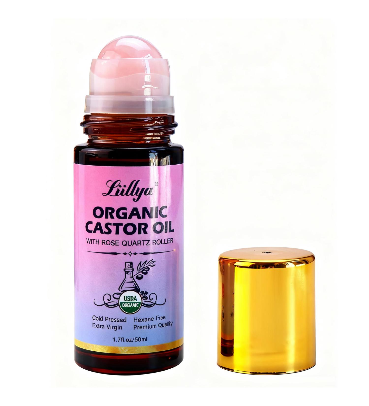 Liillya Organic Castor Oil Roll On with Rose Quartz Roller 100% Pure Cold-Pressed Hexane-Free Natural Moisturizer for Skin Hair Brows & Lashes | Amber Glass Bottle 50ml (1.7oz) - Buy Online on GoSupps.com