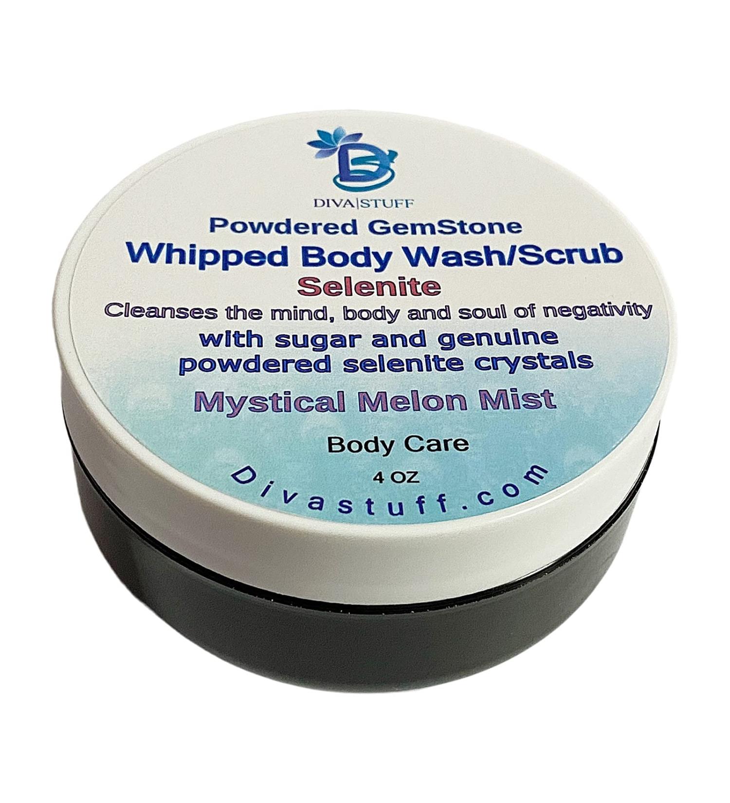 Diva Stuff Whipped Wash/Scrub With Powdered Selenite Gemstone Rid the Mind Body and Soul of Negativity Mystical Melon Mist Scent 4 oz Jar