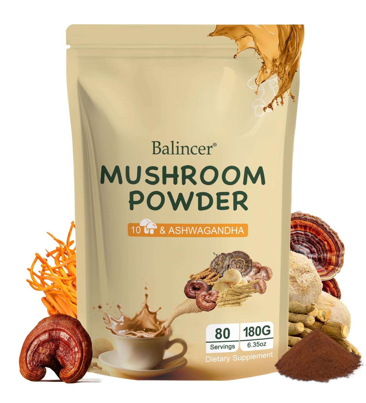 Balincer Mushroom Powder Supplement with 10 Mushrooms and Ashwagandha - Support Immunity Gut Health & Stress Relief 6.35 oz (80 Servings) - Buy Online on GoSupps.com