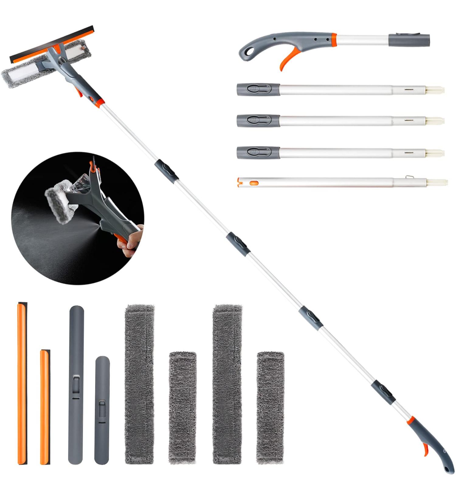 Eazer 76'' Spray Squeegee Cleaner Tool | 3-in-1 Window Washer Kit with Extension Pole | Adjustable Head for Indoor/Outdoor Glass | 4 Replacement Pads - Buy Online on GoSupps.com