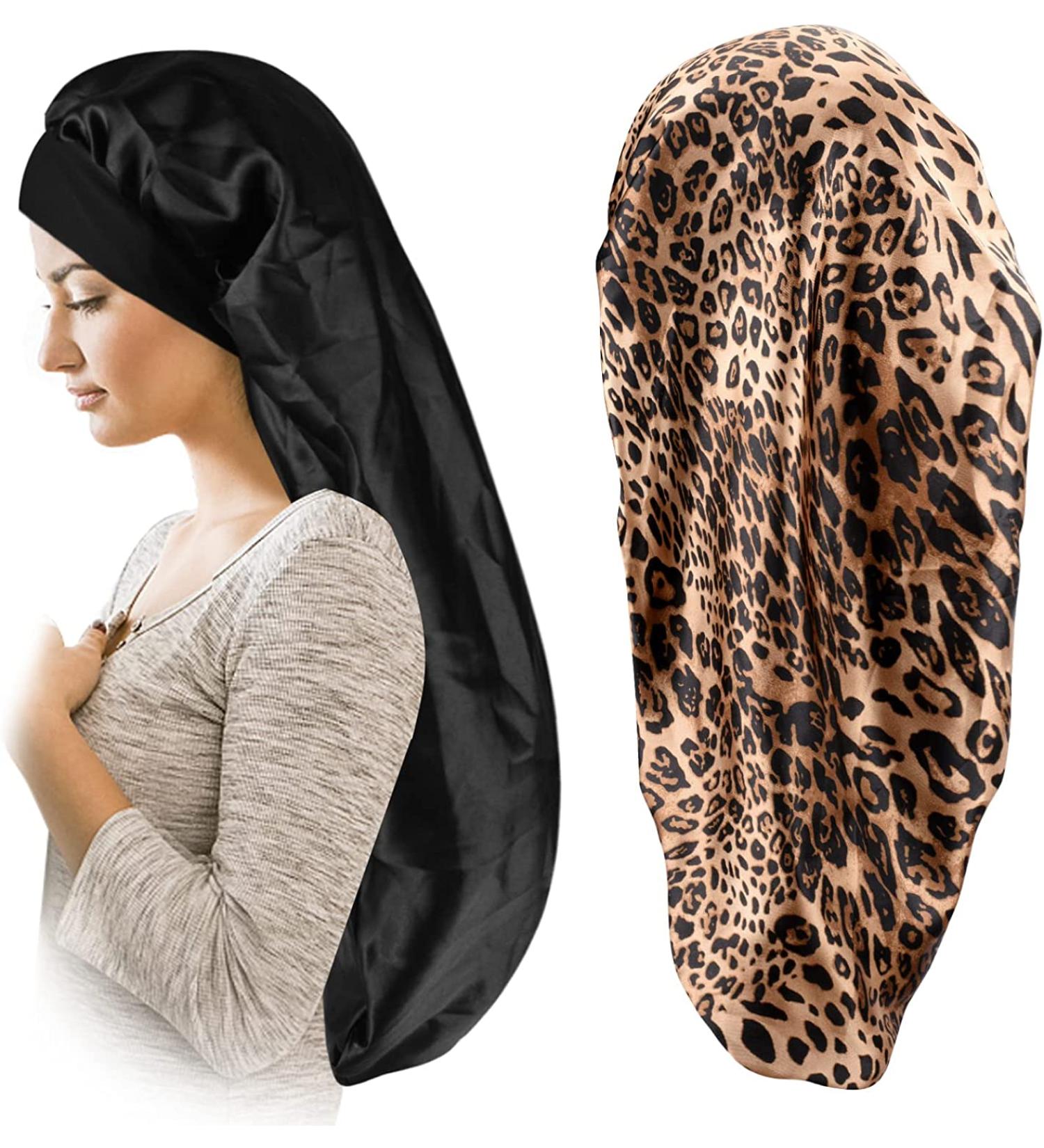Satin Bonnet for Women 2 Pack - Soft & Elastic Black Leopard Hair Cap - Large Breathable Silky Sleeping Bonnet - Braids Bonnets for Women - Buy Online on GoSupps.com
