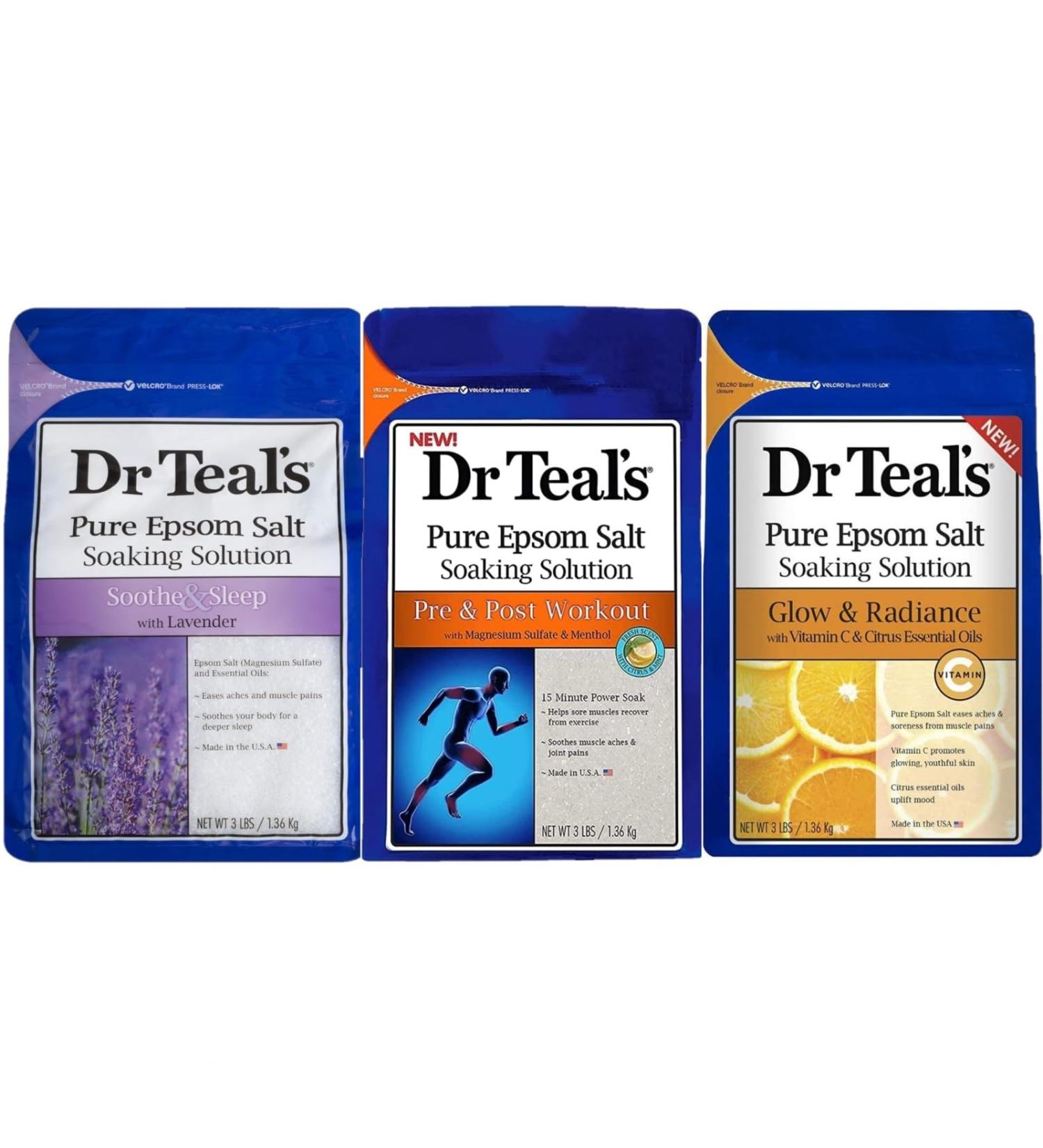 Dr Teal's Epsom Salt Bath Variety Gift Set (3 Pack 3lbs Each) - Lavender Vitamin C & Citrus - Essential Oils for Pre & Post Workout Relief Alleviate Stress & Aches - Ideal for International Shipping - Buy Online on GoSupps.com