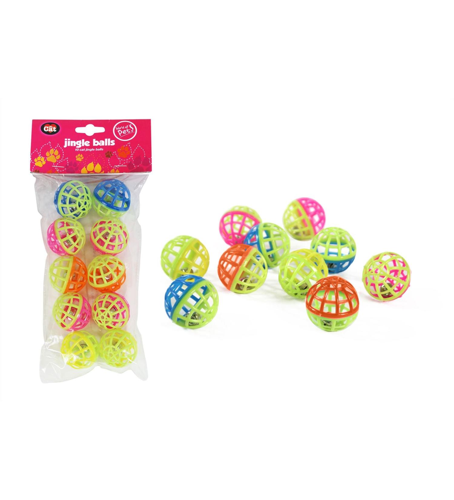 Plastic cat kitten play balls jingle bell assorted colours pack of 10 games trea