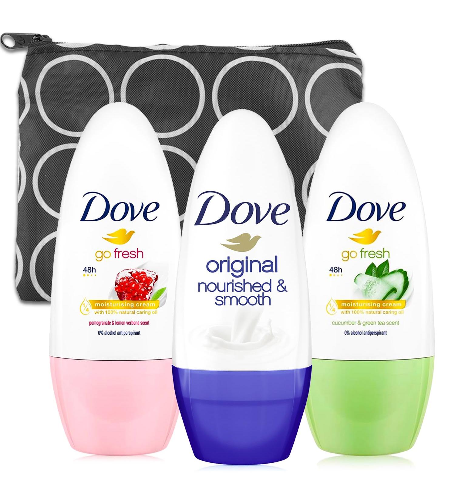 Dove Women's Deodorant Roll-On Variety Pack - 3 Antiperspirants (Original Pomegranate Cucumber) + Carry Bag | Shop Now for International Shipping - Buy Online on GoSupps.com
