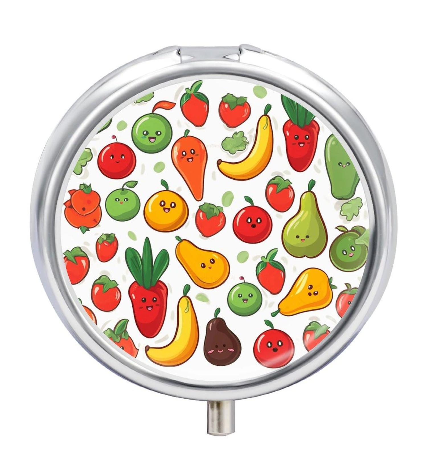 Round Pill Box with Vegetable & Fruit Print - 3 Compartment Portable Metal Pill Organizer - Buy Online on GoSupps.com
