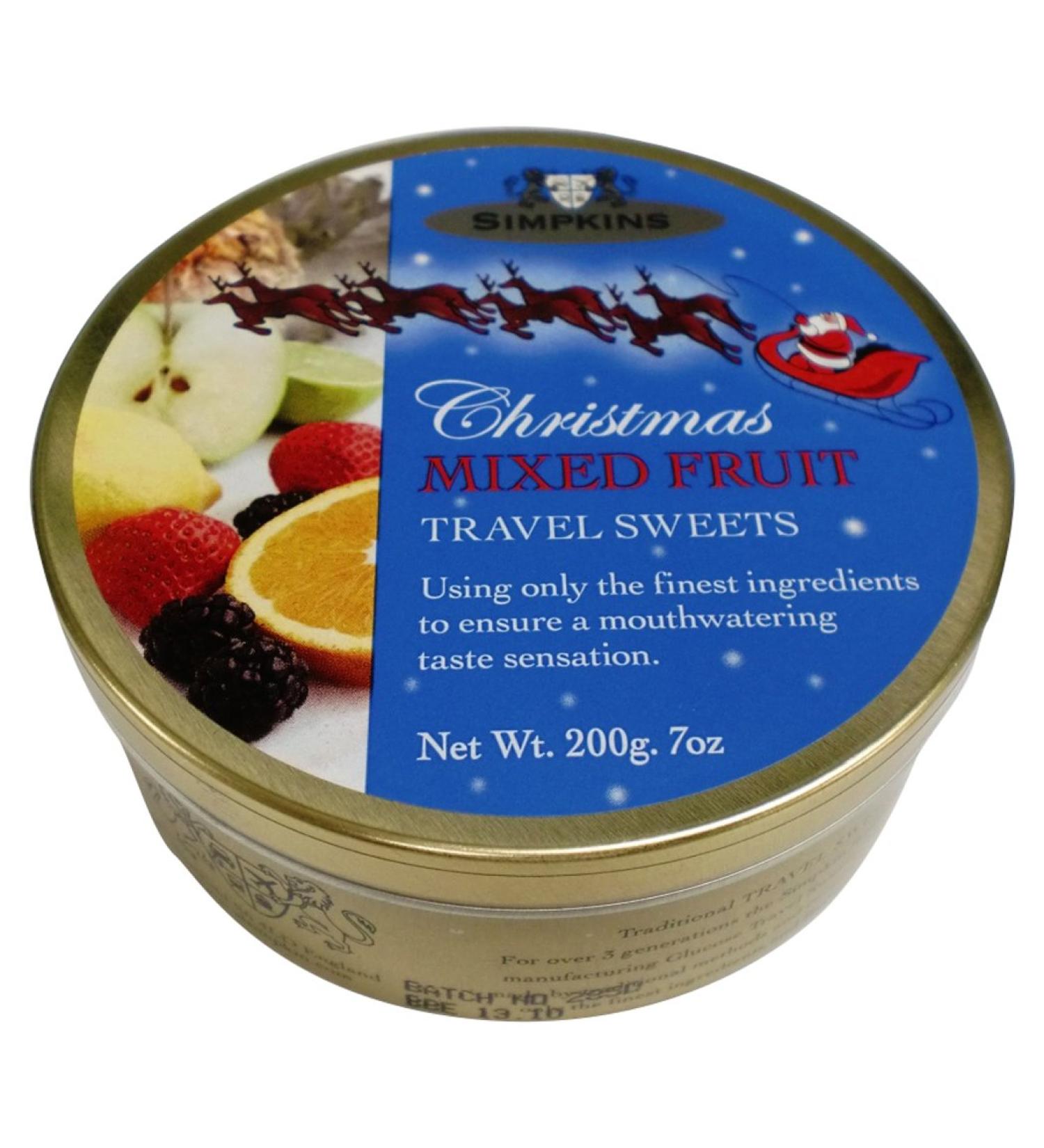Simpkins Merry Christmas Travel Sweets Tin Mixed Fruit Drops 200g