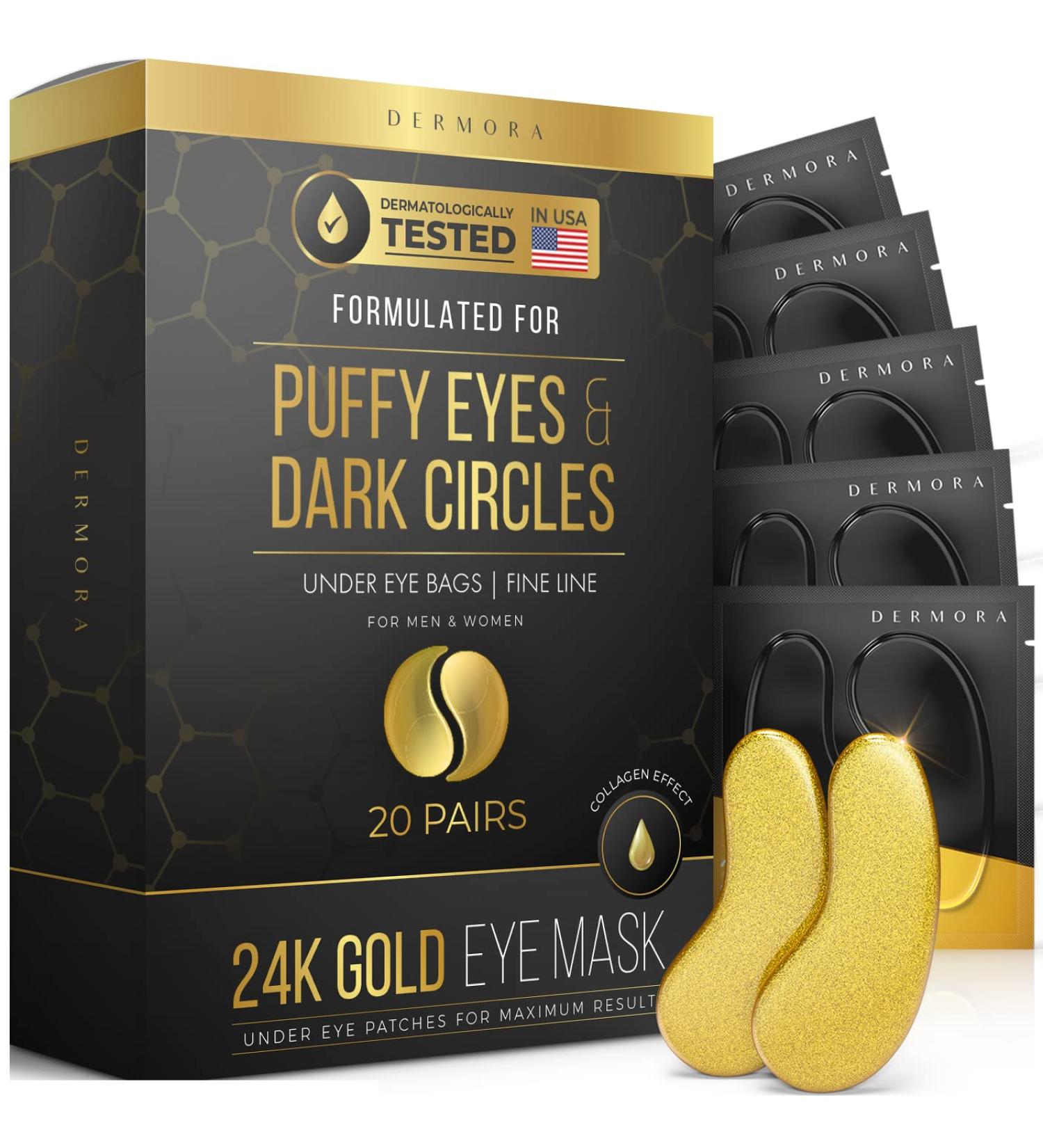 DERMORA 24K Gold Eye Mask - 20 Pairs for Puffy Eyes & Dark Circles Treatment - Buy Online on GoSupps.com