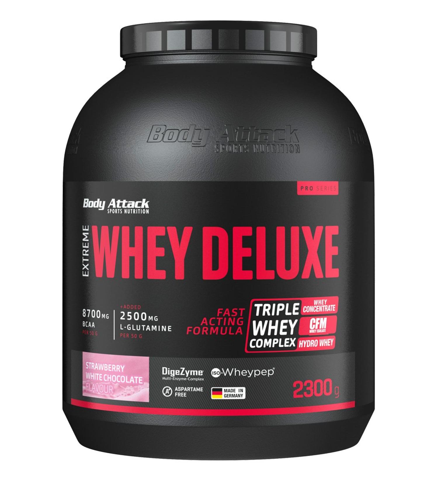 Buy Body Attack Extreme Whey Deluxe Strawberry White Chocolate 2.3kg - High Protein Supplement for International Shipping - Buy Online on GoSupps.com