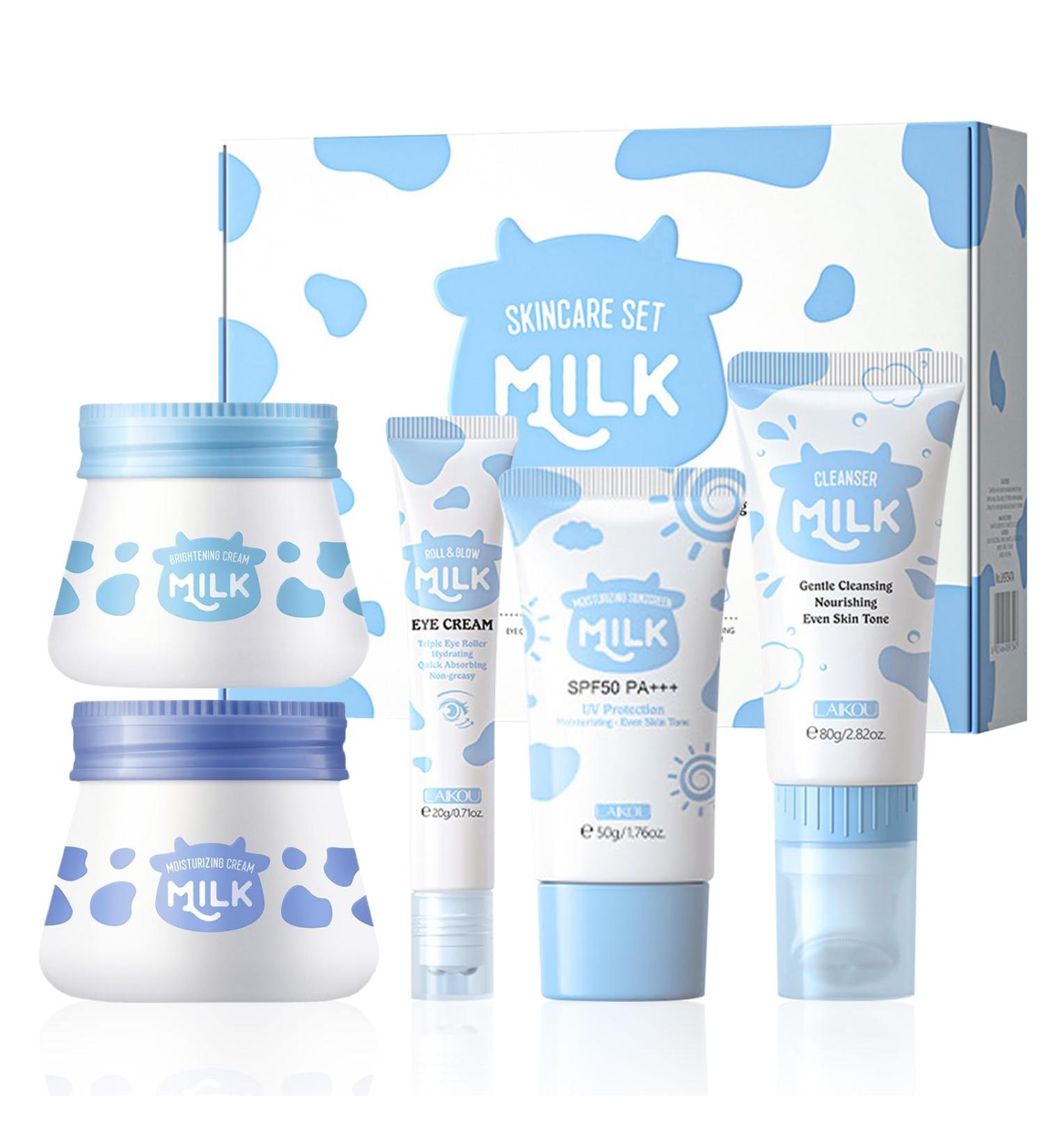 FEXPDL 5 Piece Milk Skin Care Sets & Kits Kids Skin Care Products Milk Protein Skincare Gifts For Teenage Girls Skincare Set With Cleanser Eye Cream Moisturizer Sunscreen Brightening Cream - Buy Online on GoSupps.com