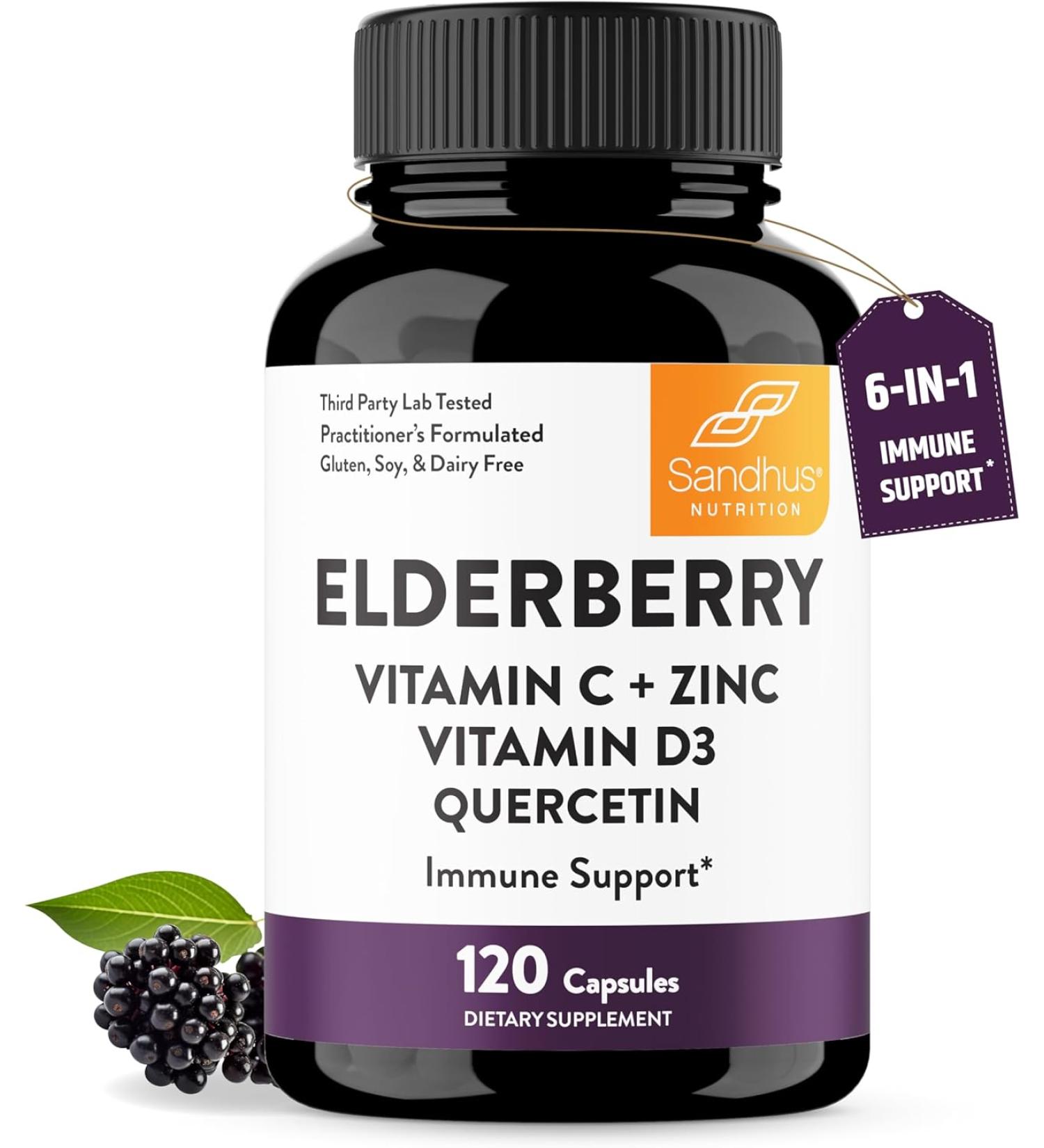 Sandhu's Elderberry Vitamin C and Zinc and Vitamin D3 - Elderberry - 120 Capsules - Buy Online on GoSupps.com