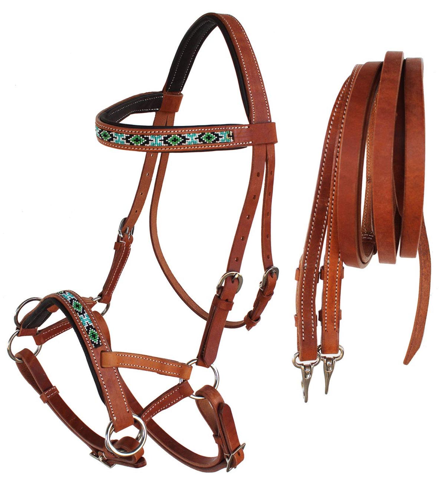 Horse Western Leather Bitless Sidepull Beaded Bridle Reins 77RT22 Tan Beaded