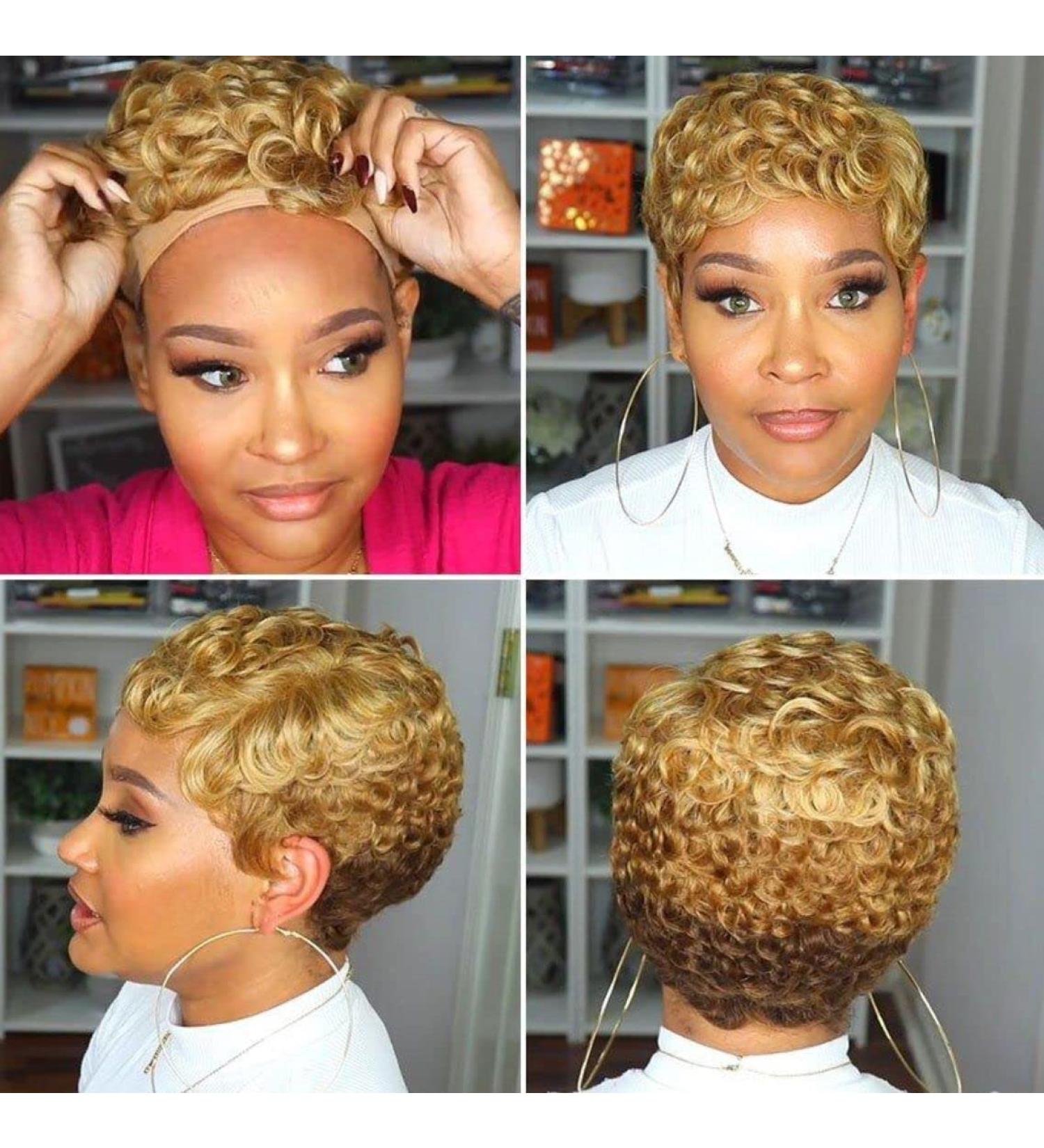 QITAQOTA Short Pixie Cut Wig Short Wigs For Black Women Machine Made Wig Wigs for WomenFinger Wave Wig Pixie Cut Wave Wig Glueless Blond 150% SED2S