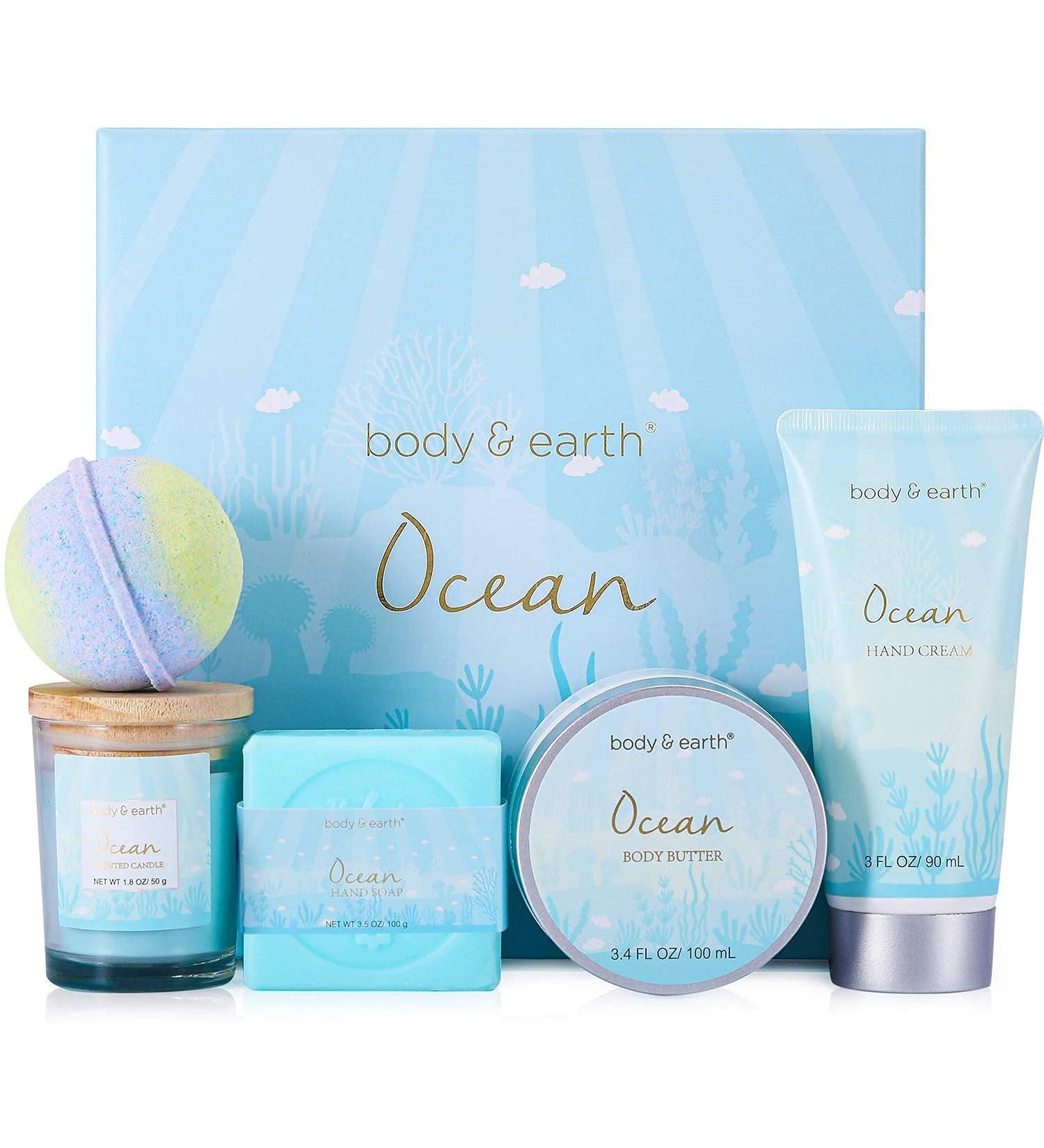 Ocean Scented Spa Gifts Set for Women - 5 Pcs Bath & Body Collection with Candle, Body Butter, Hand Cream & Bath Bomb - Buy Online on GoSupps.com