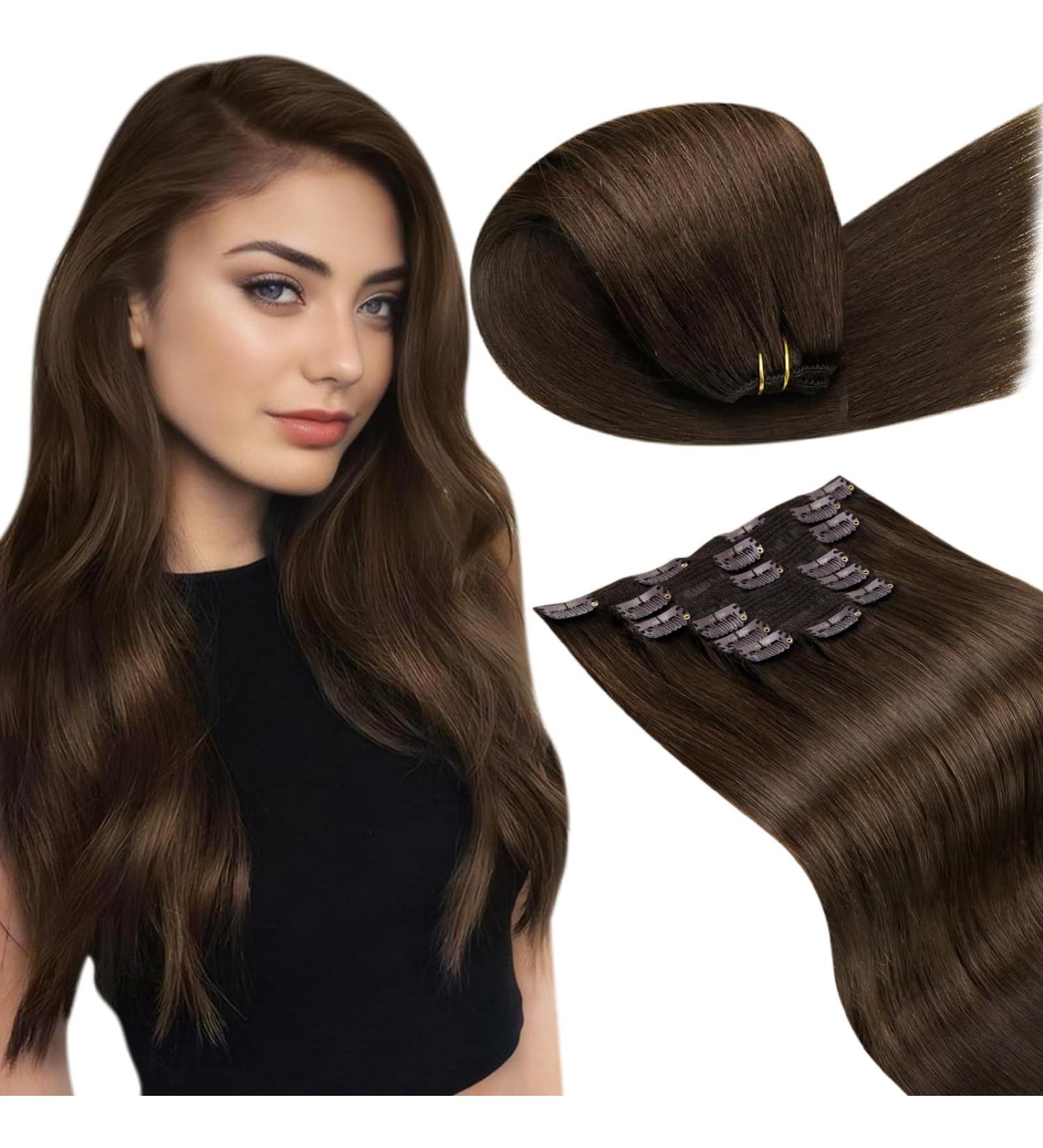 Buy Laavoo Dark Brown Clip-In Real Hair Extensions - 120g 40cm 7Pcs | Smooth & Full Head #4 - Buy Online on GoSupps.com