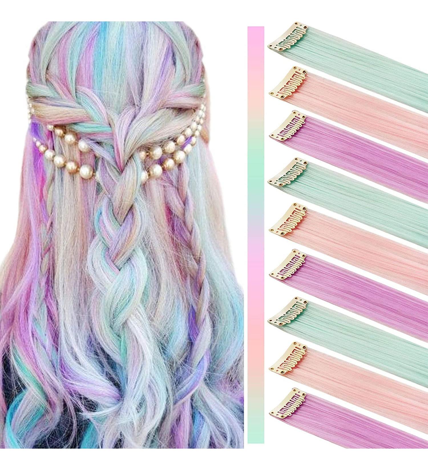 IMAMMERY Multicolored Party Highlights - Heat-Resistant Clip-In Hair Extensions (9 Pieces) - Light Pink Light Violet & Light Green - International Shipping Available - Buy Online on GoSupps.com
