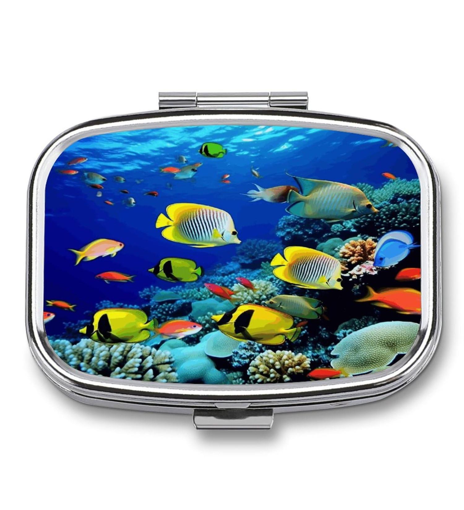 Decorative Tropical Ocean Sea Fish Print Pill Box - 2 Compartment Portable Medicine Organizer for Pocket or Purse - Buy Online on GoSupps.com